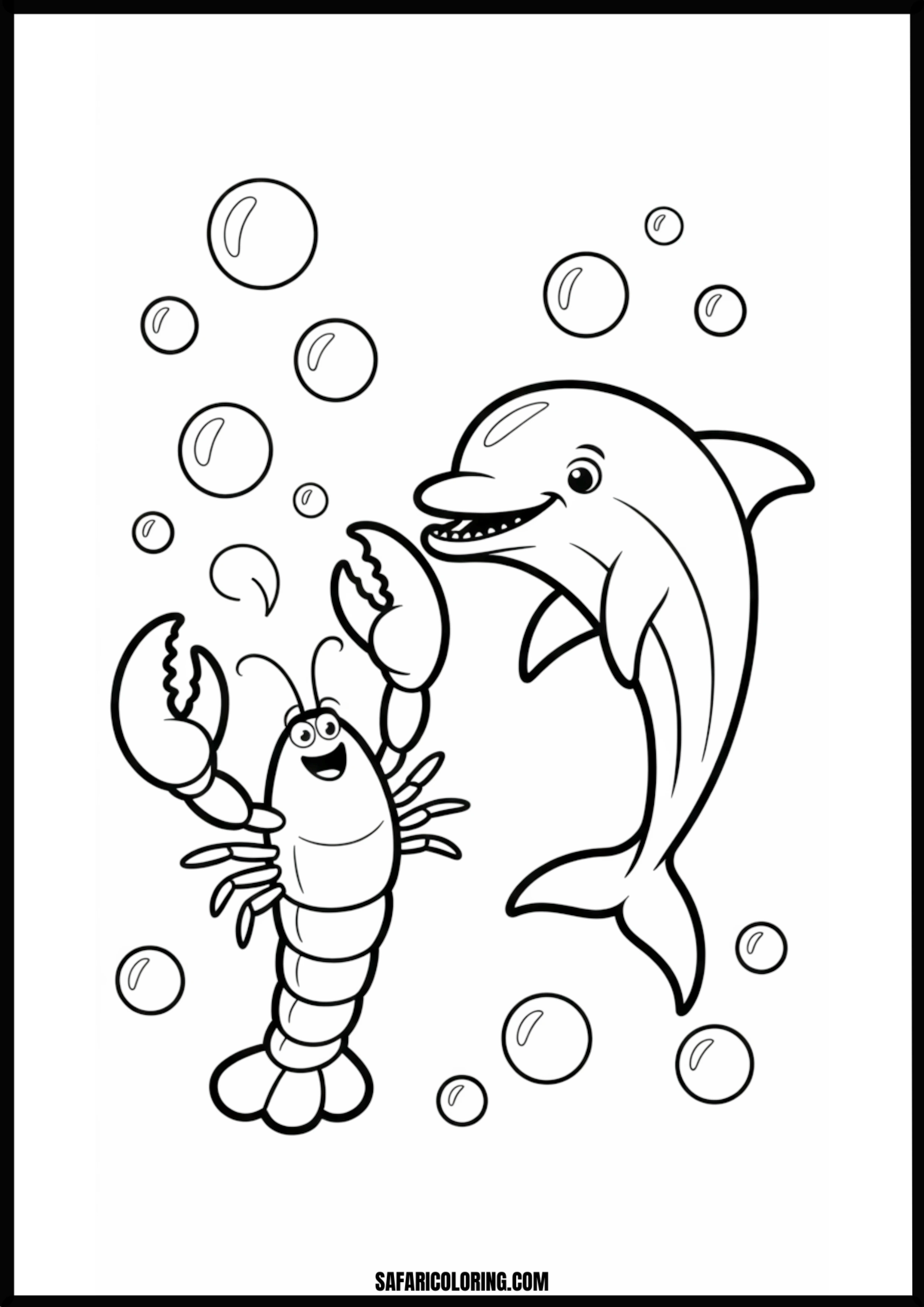 Color the Happy Dolphin and Lobster A happy dolphin and lobster swimming together.