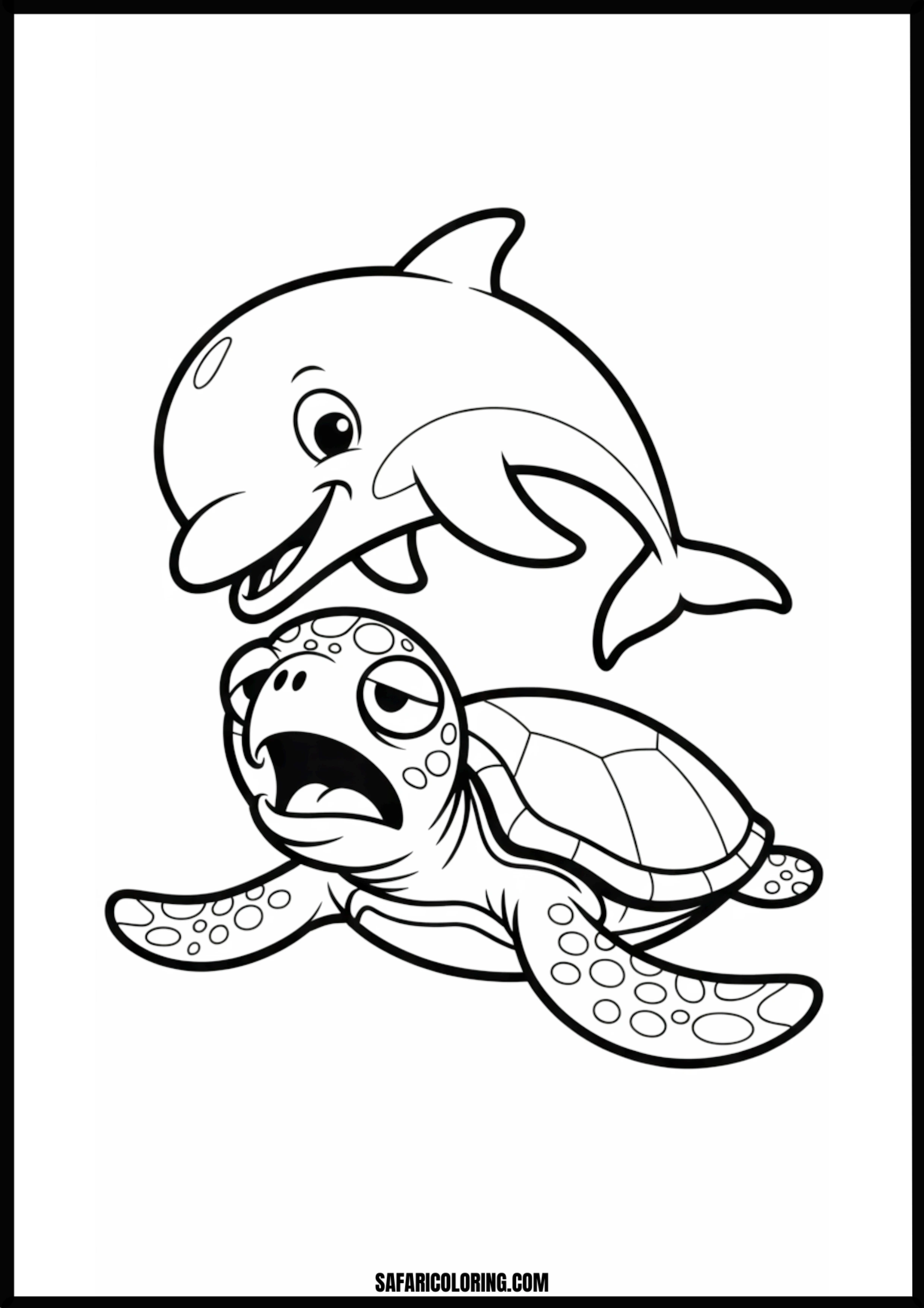 Happy Dolphin and Scared Turtle Coloring Happy dolphin encounters a scared turtle underwater