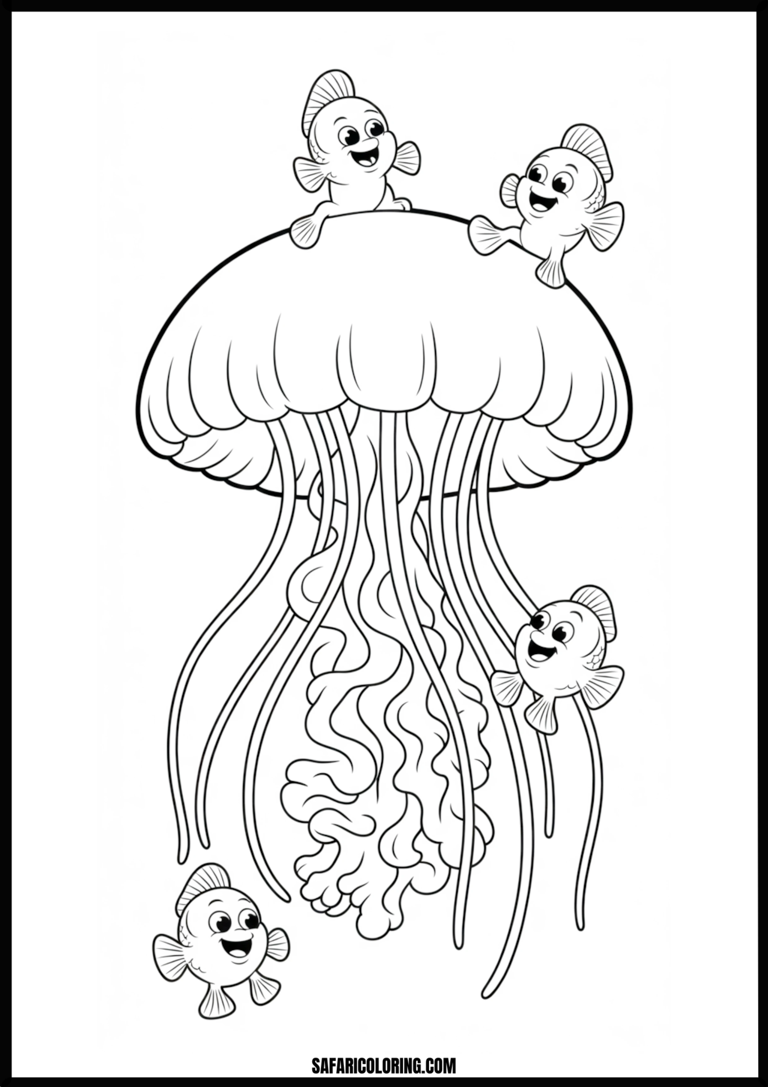 Happy Fish Playing with Jellyfish Coloring Page Happy cartoon fish playing joyfully with jellyfish.