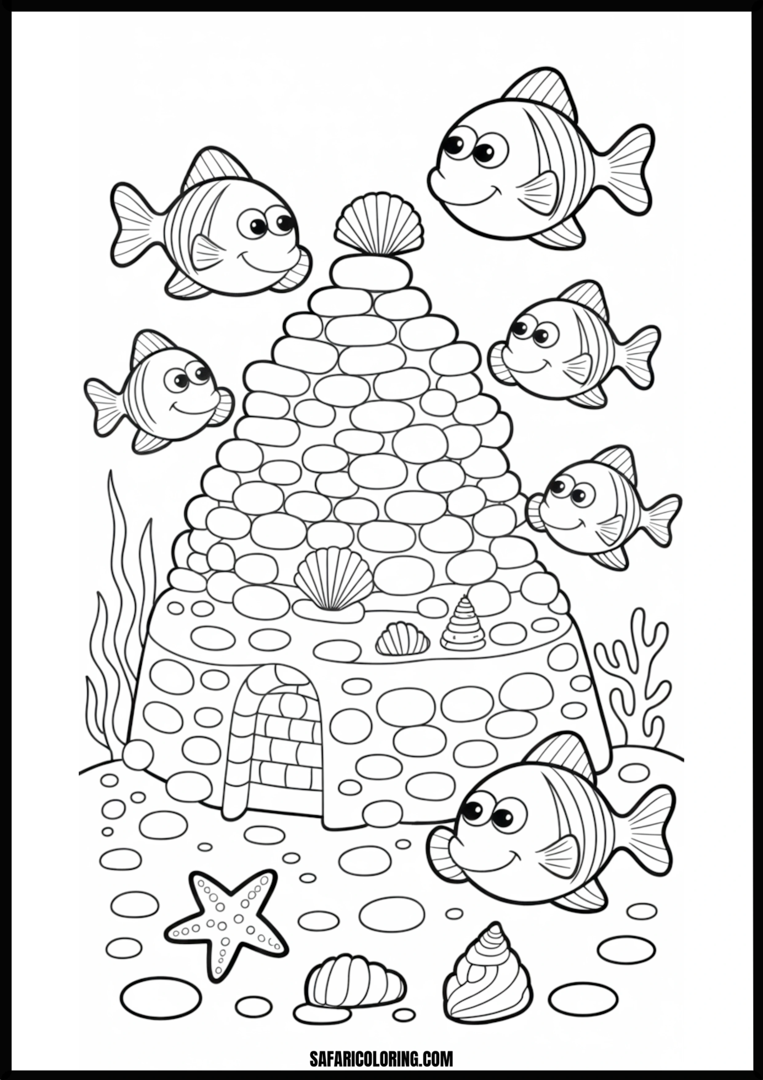 Happy Fish Underwater House Coloring Page A happy fish in front of its whimsical underwater house.
