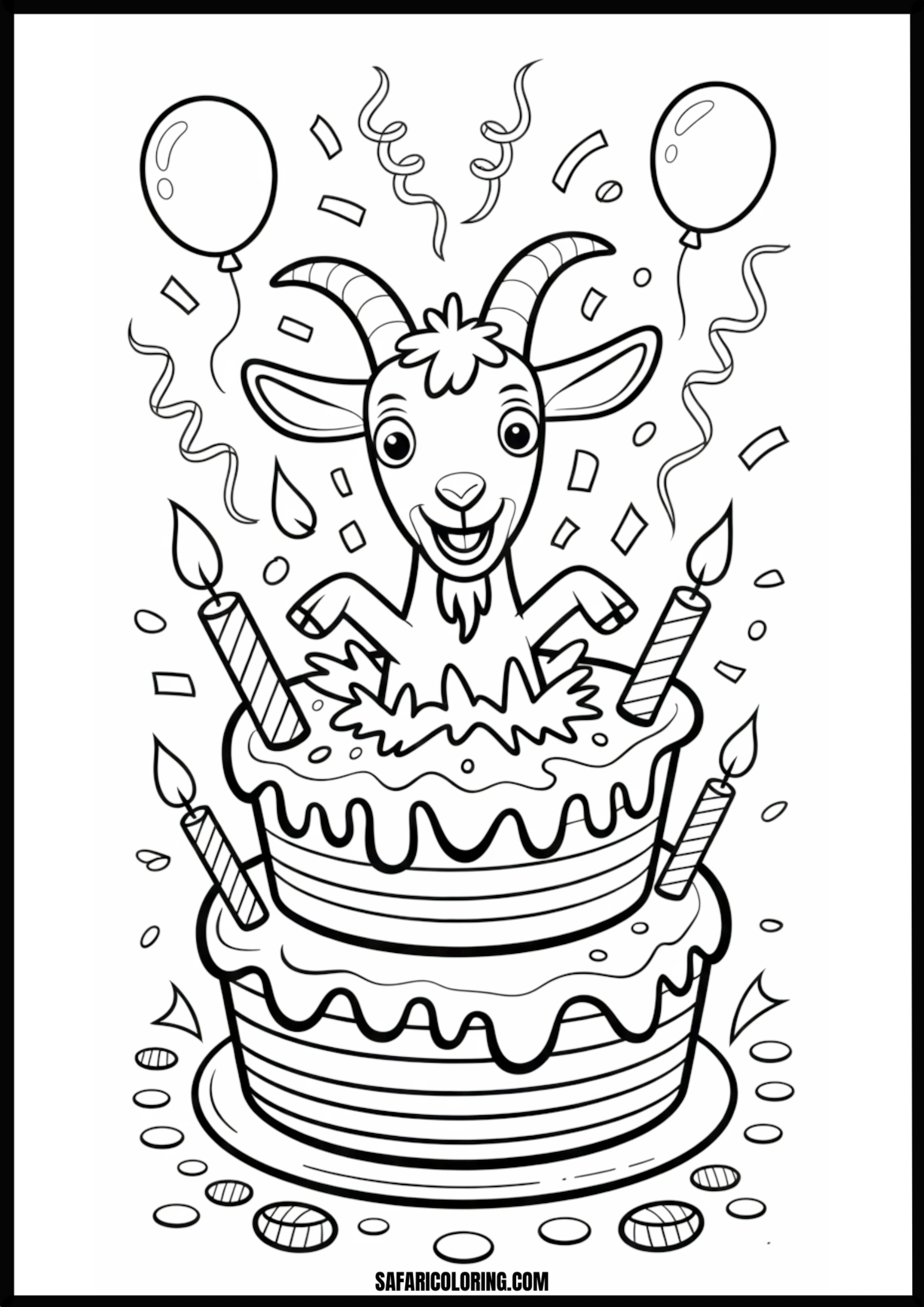Cartoon happy goat with a birthday cake.