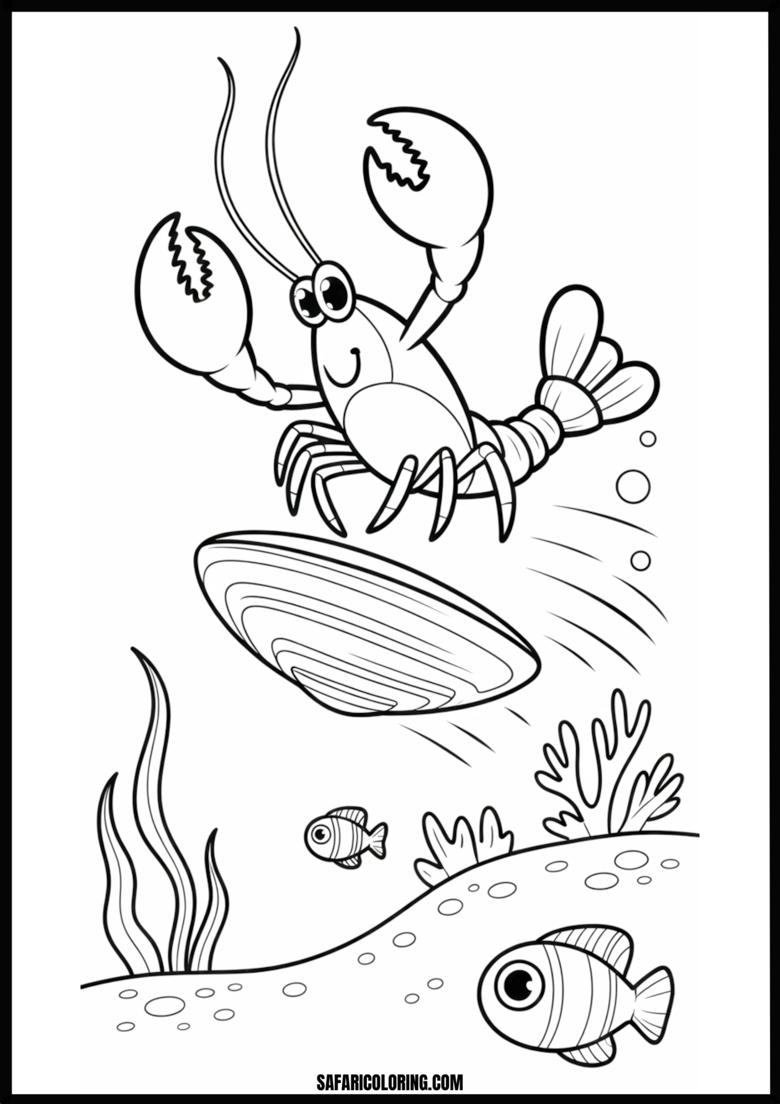 Printable Happy Lobster Underwater Coloring Sheet A happy lobster underwater.