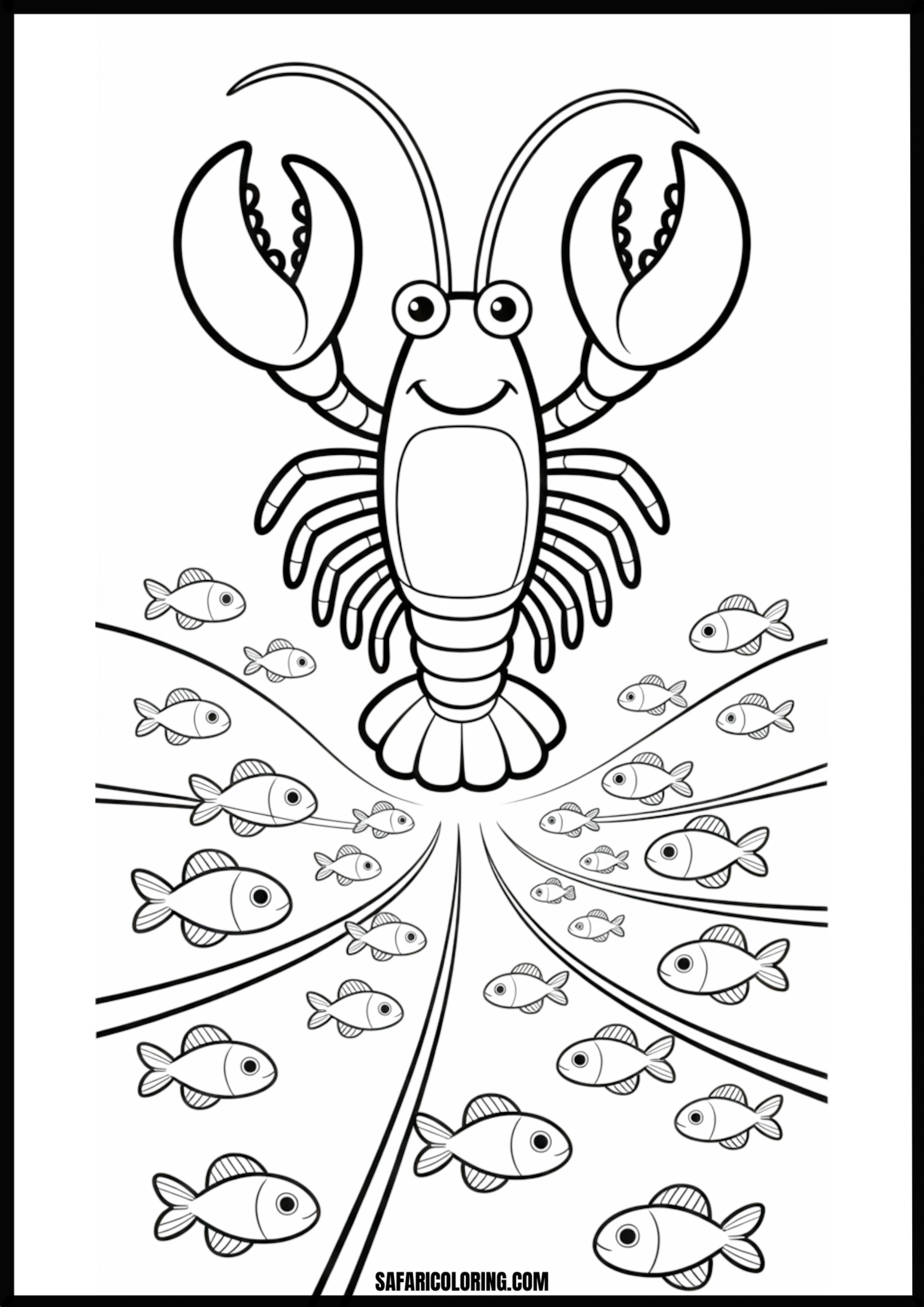 Printable Happy Lobster and Fish Coloring Sheet A happy lobster and fish swimming together.