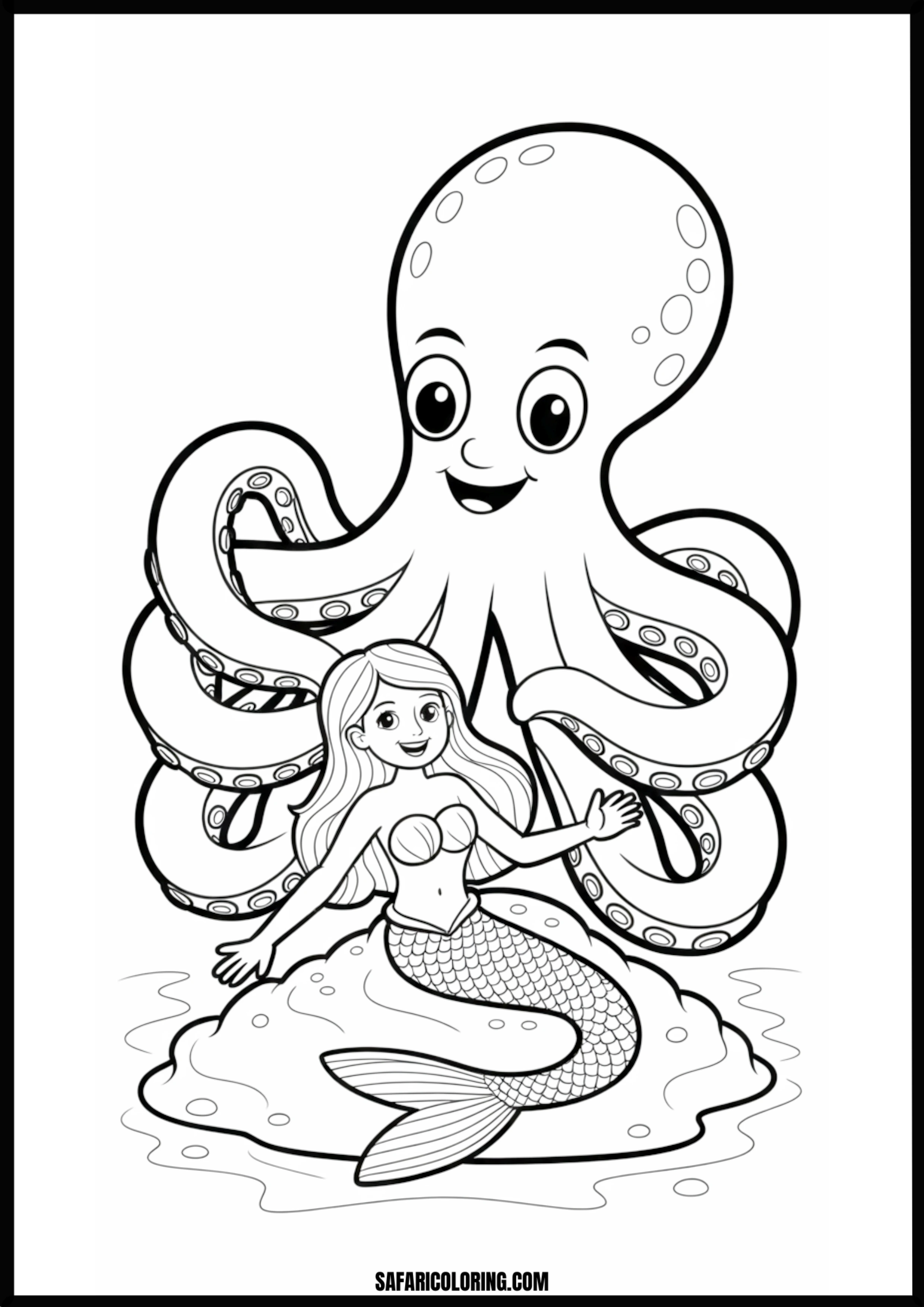 Happy Mermaid & Octopus Friends Printable Coloring Sheet An outline drawing of a octopus mermaid for coloring.