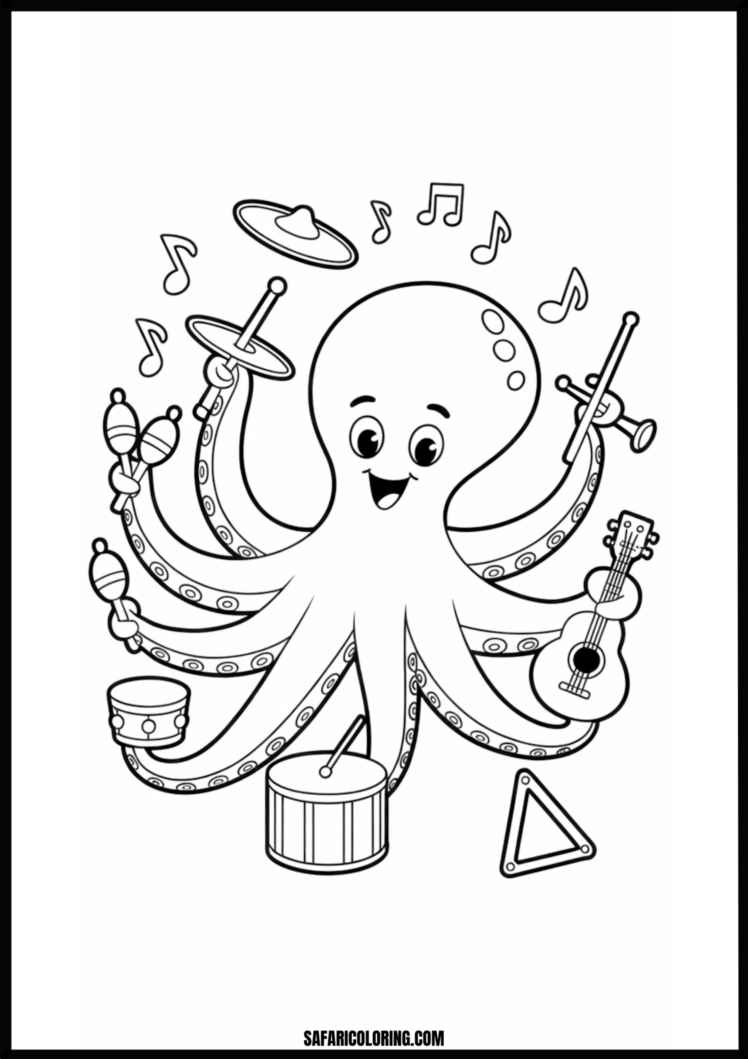 Happy Octopus Playing Many Music Instruments Printable Coloring Sheet An outline drawing of a octopus musical for coloring.