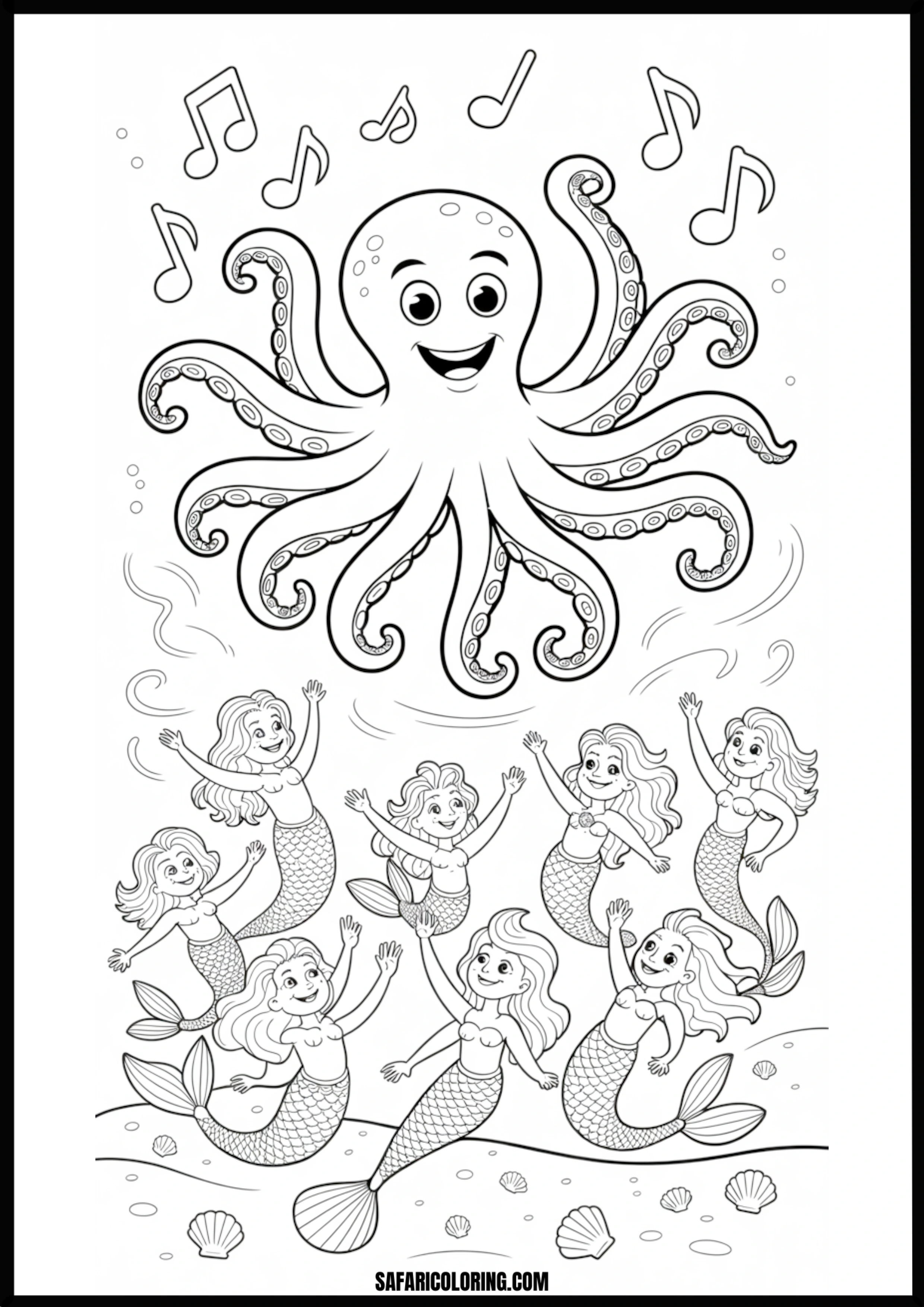 Happy Octopus & Mermaids Singing Underwater Printable Coloring Sheet An outline drawing of a octopus mermaid for coloring.
