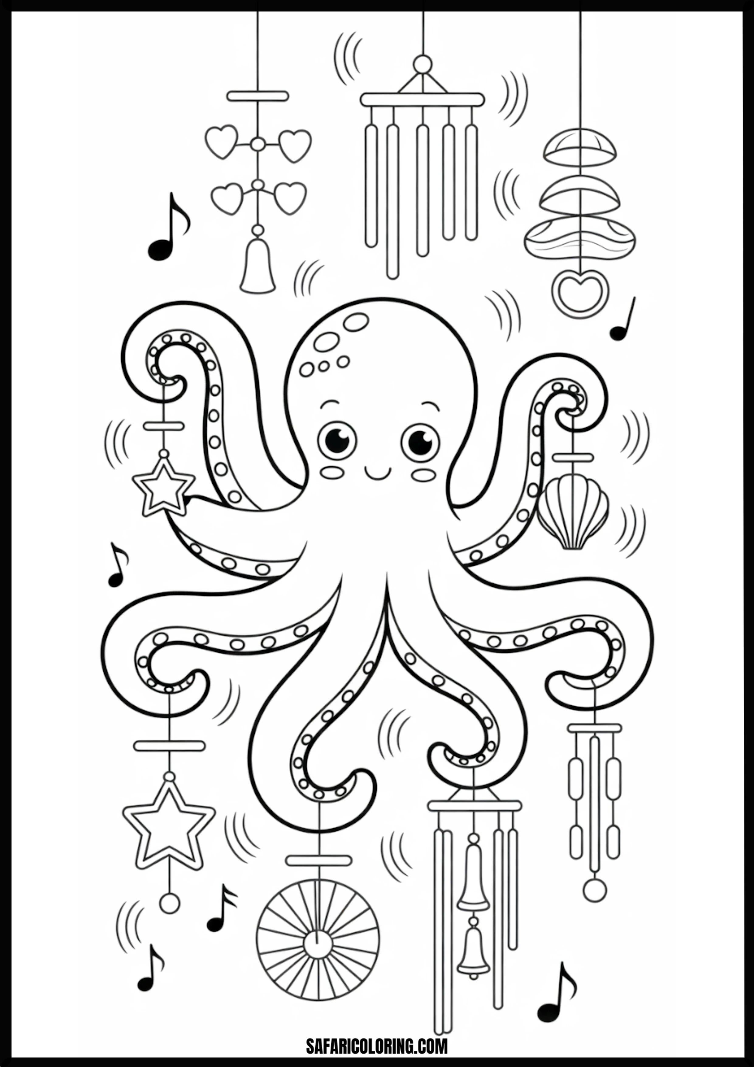 Happy Octopus With Musical Chimes Printable Coloring Sheet An outline drawing of a octopus musical for coloring.