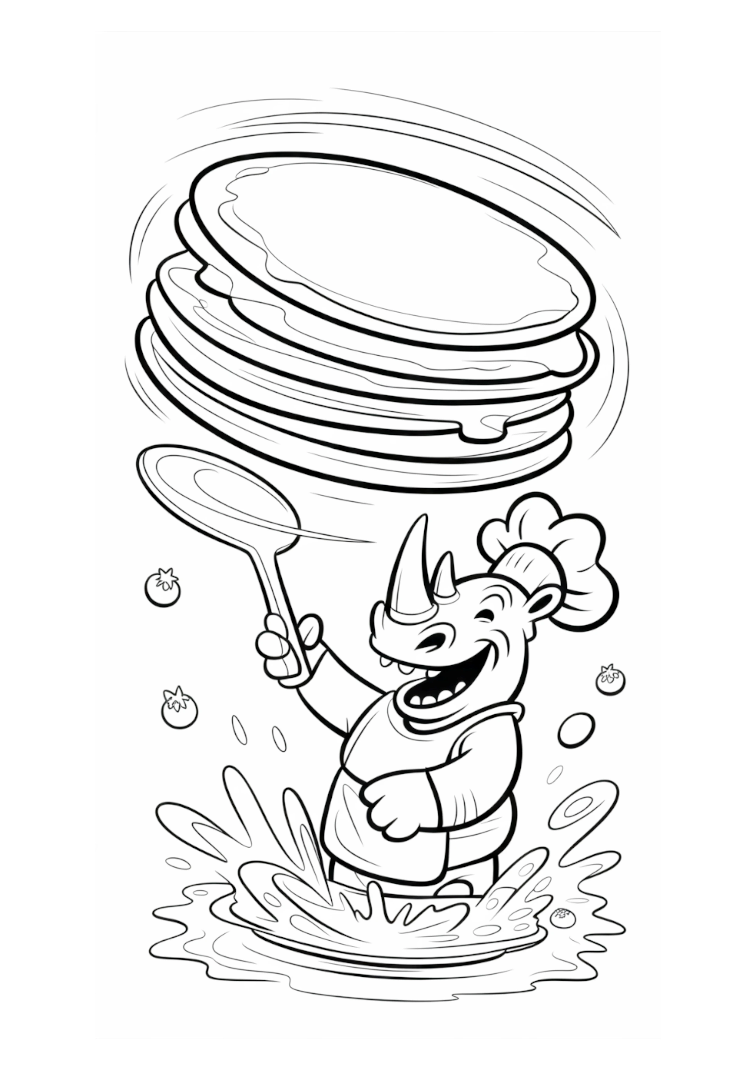 Happy rhino chef wearing a hat and apron, flipping pancakes.
