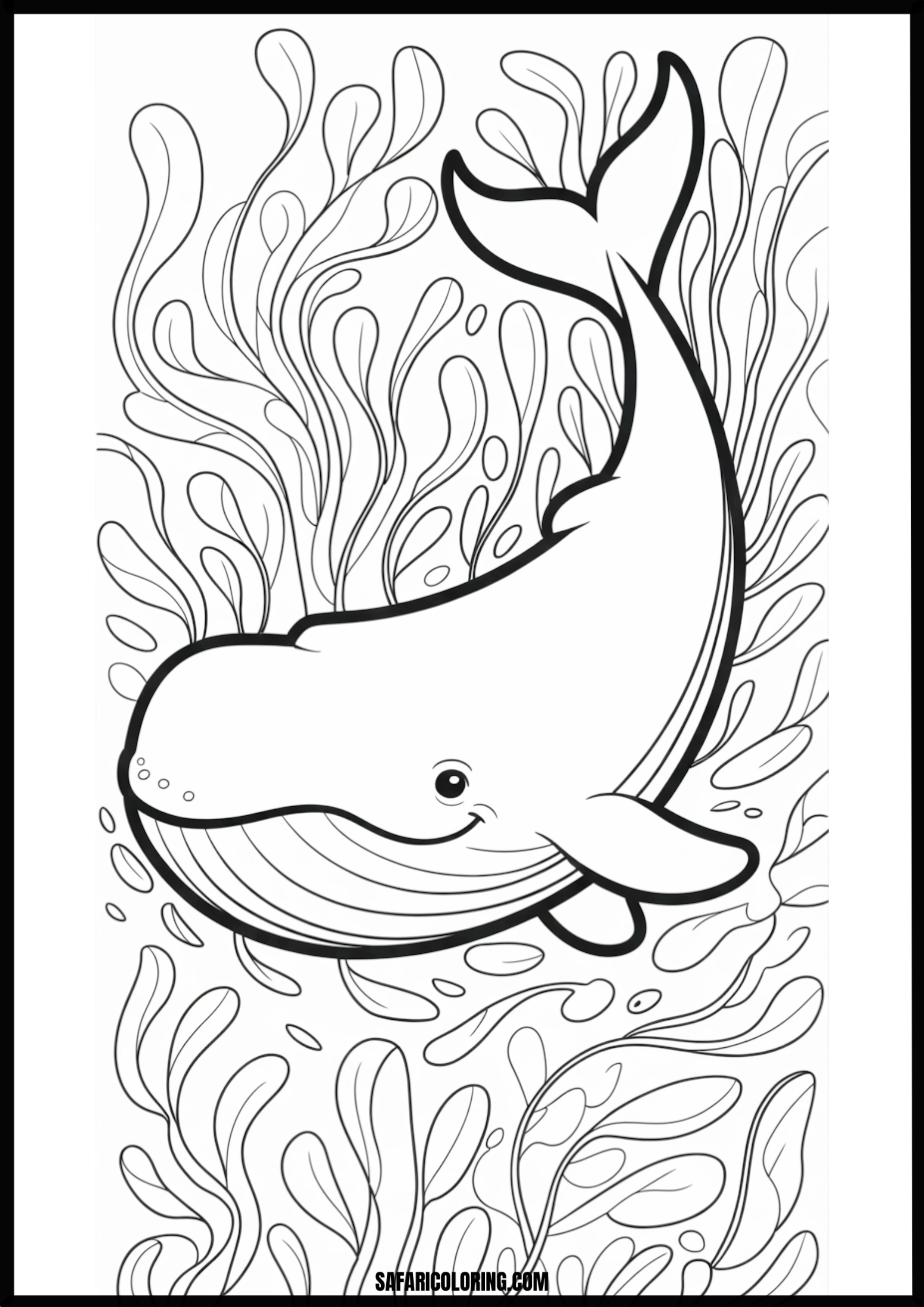 Cheerful Happy Whale Underwater Coloring Page Coloring page of a happy whale swimming underwater.