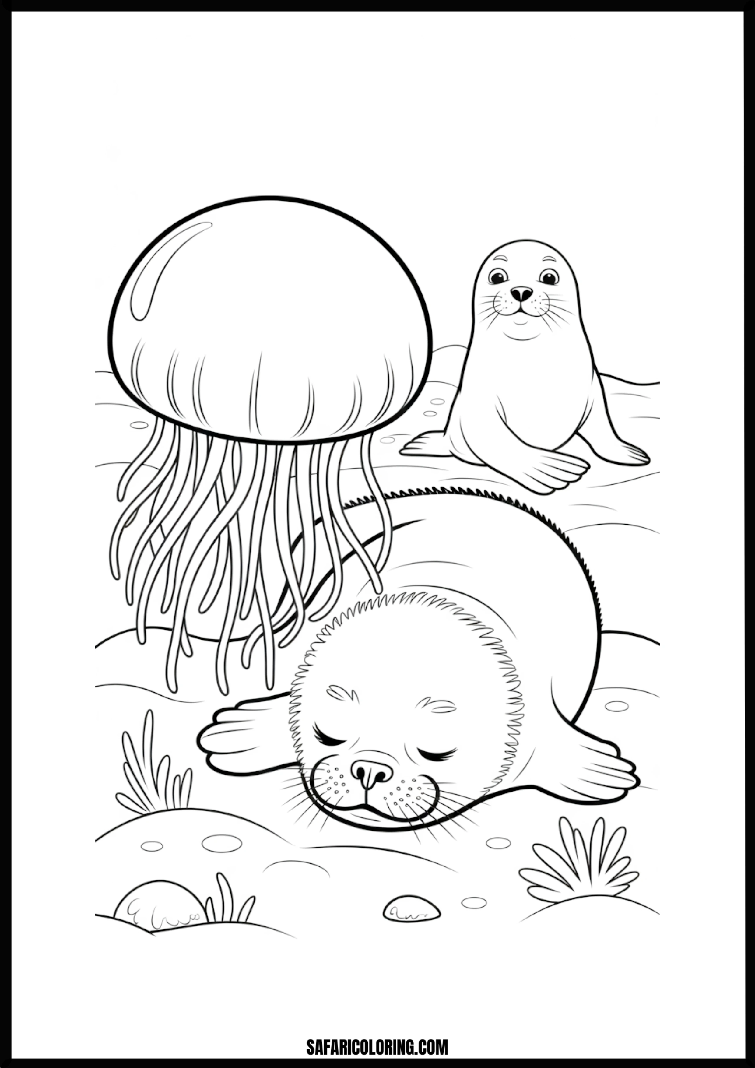 Happy and Sleeping Seals with Jellyfish Coloring Page Happy and sleeping seals interacting with jellyfish underwater.