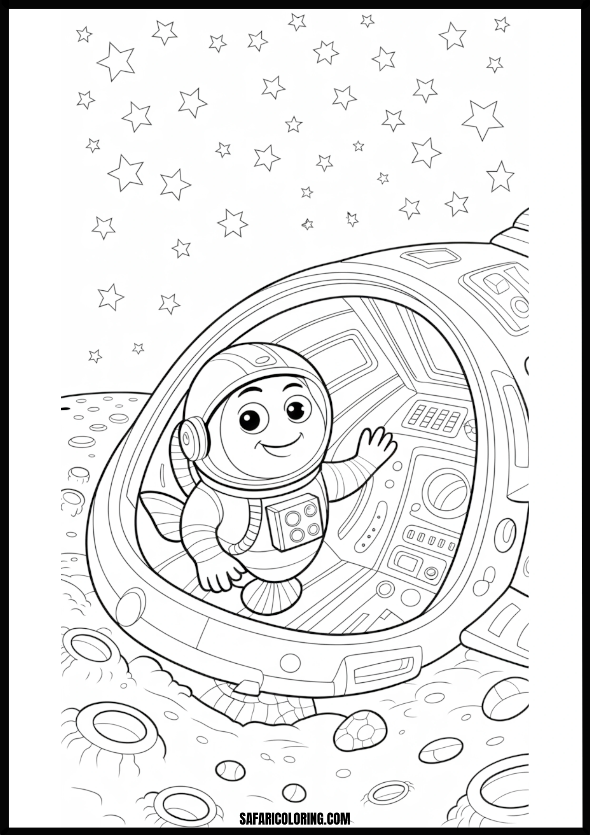 Happy Astronaut on the Moon Coloring Page A happy astronaut walking on the moon's surface.