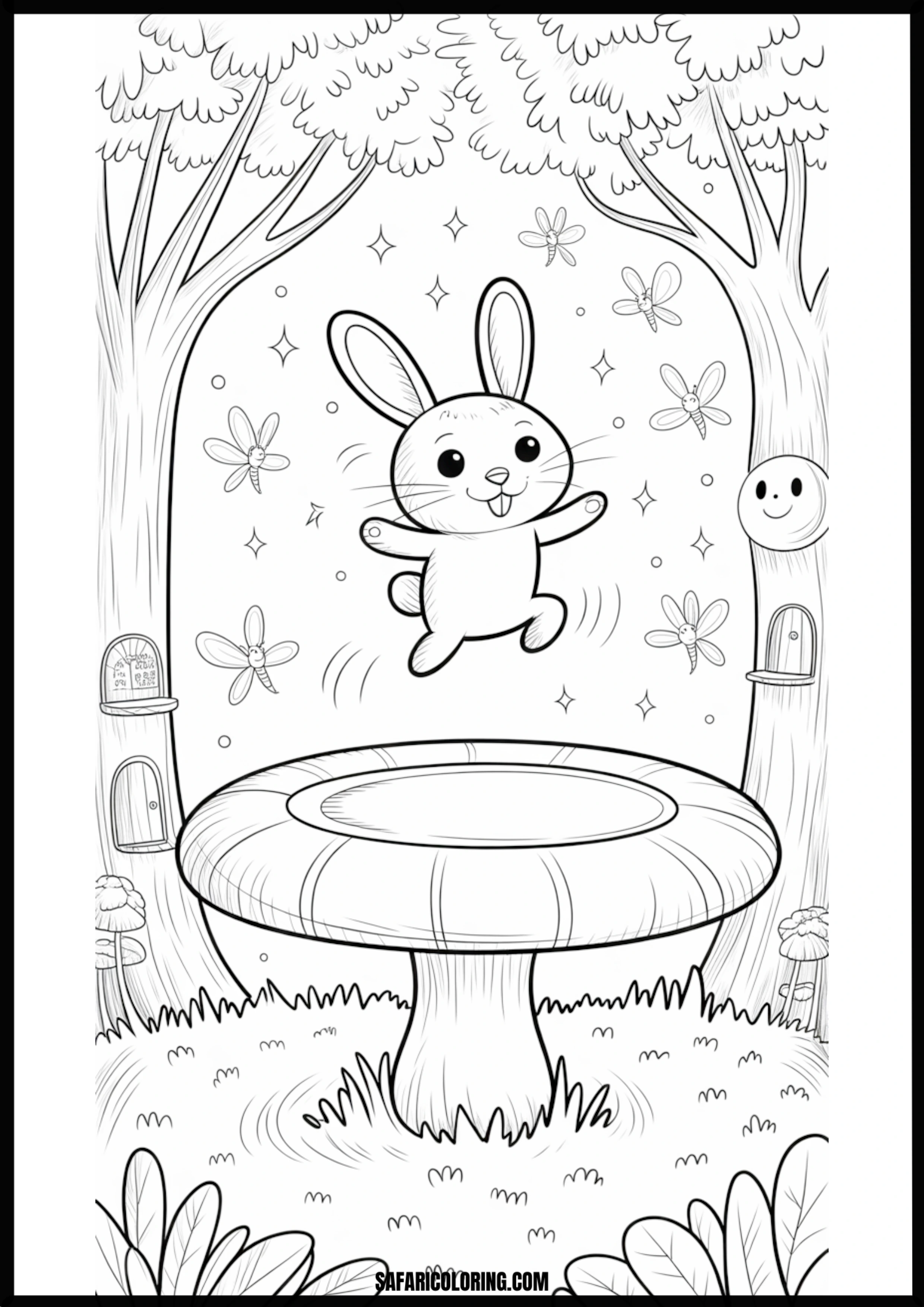 Happy cartoon bunny jumping on a large forest mushroom.
