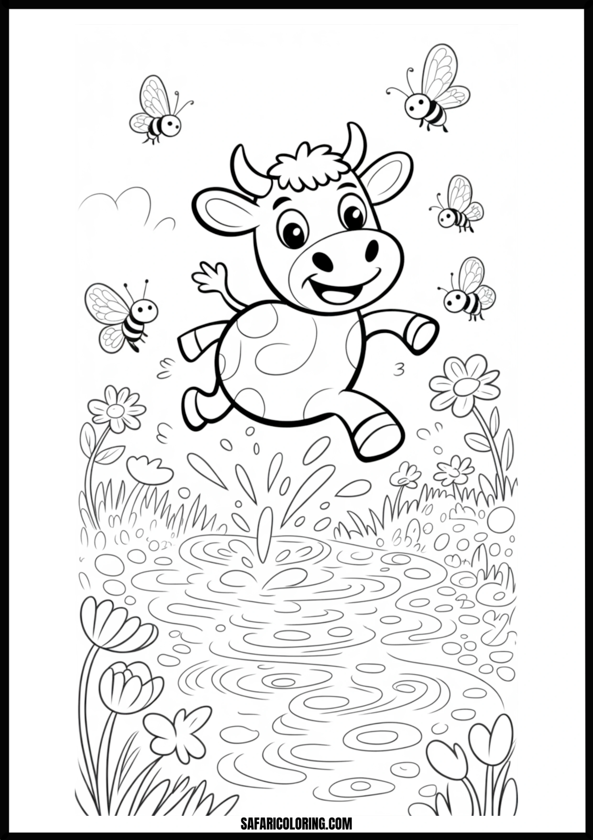 Happy calf splashing in a puddle with bees