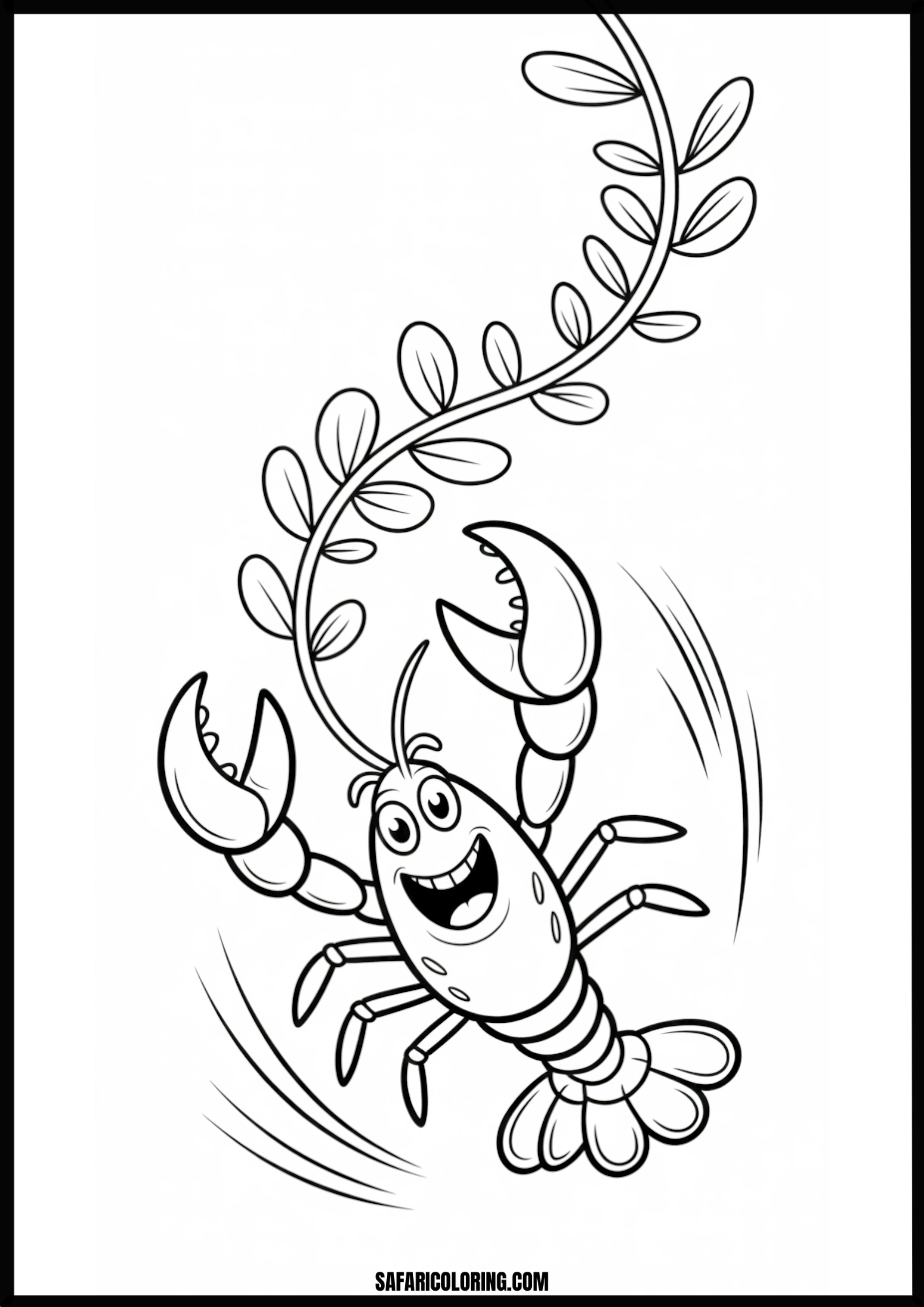 Printable Happy Cartoon Lobster Seaweed Coloring Sheet A happy cartoon lobster surrounded by seaweed.