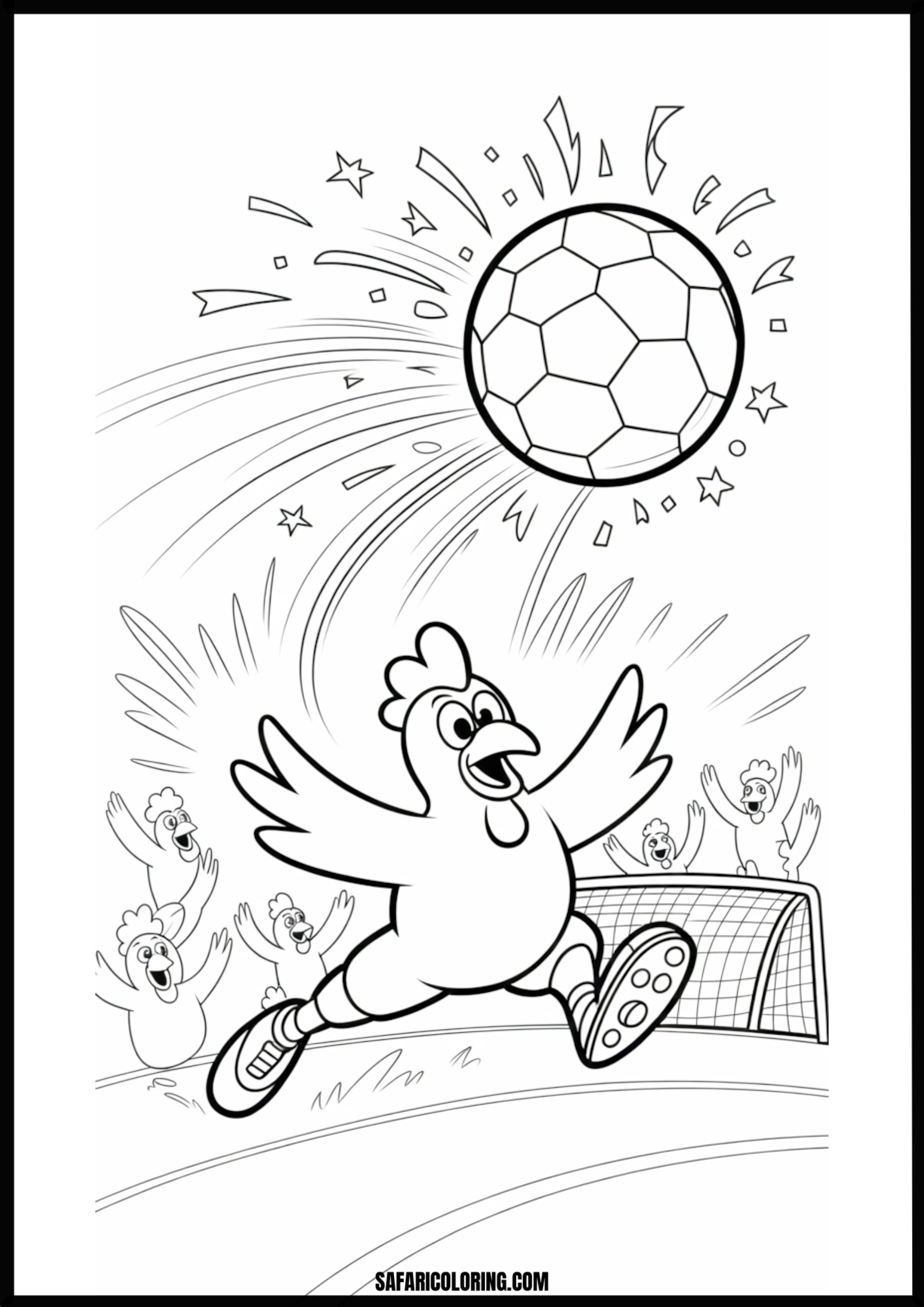 Happy chicken scoring a soccer goal