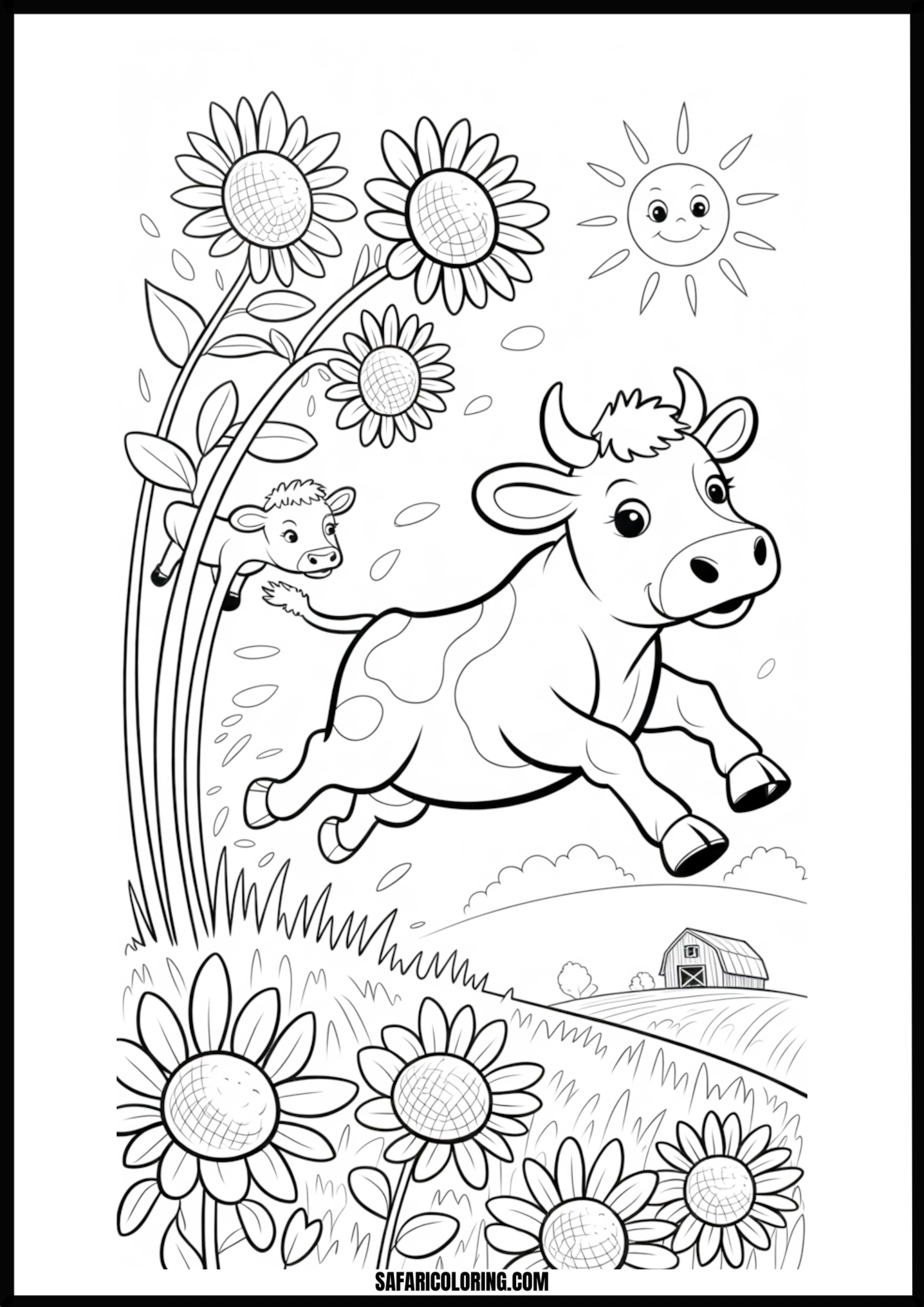 Happy cow and calf jumping in a sunflower field