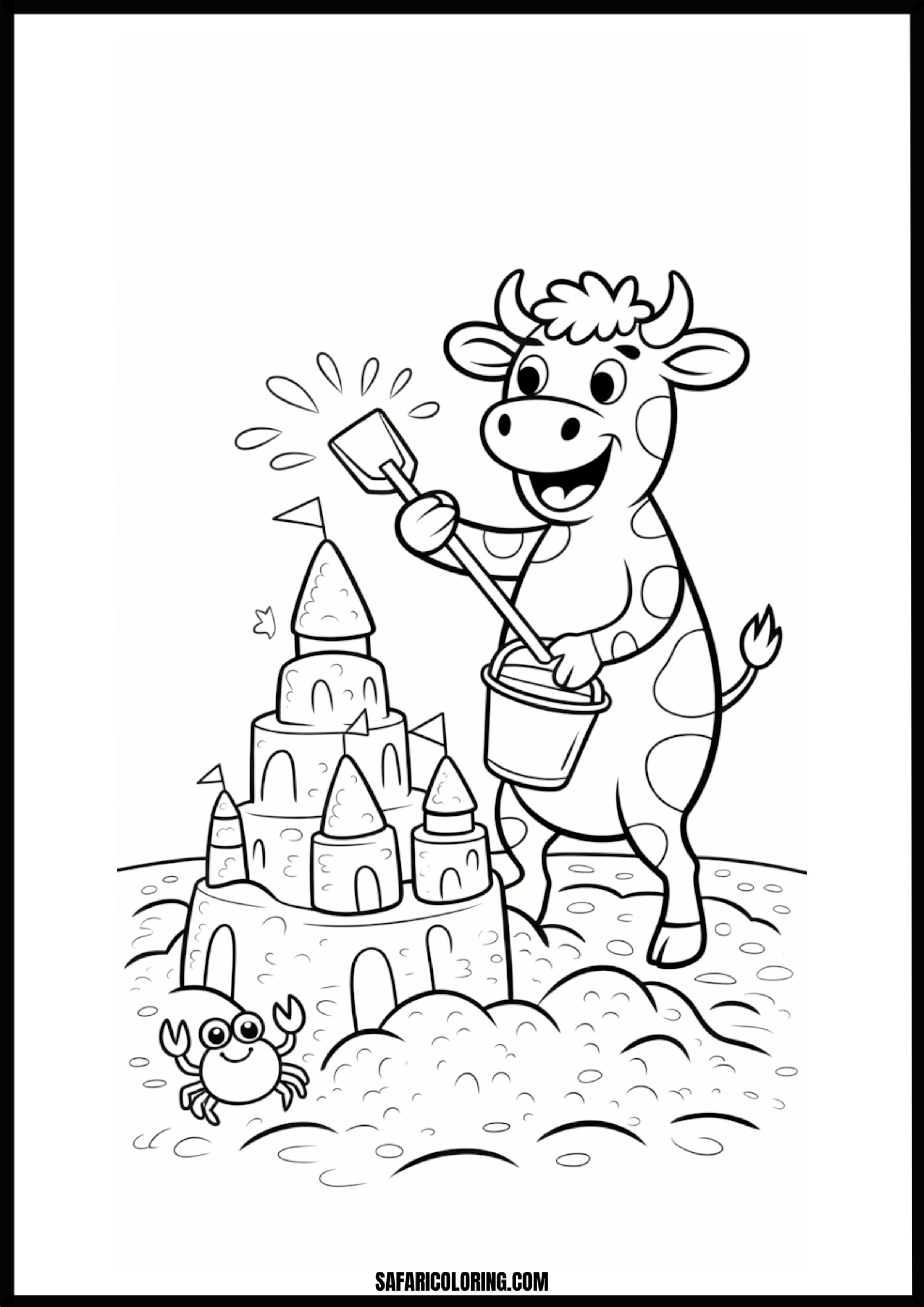 Happy cow building a sandcastle on the beach
