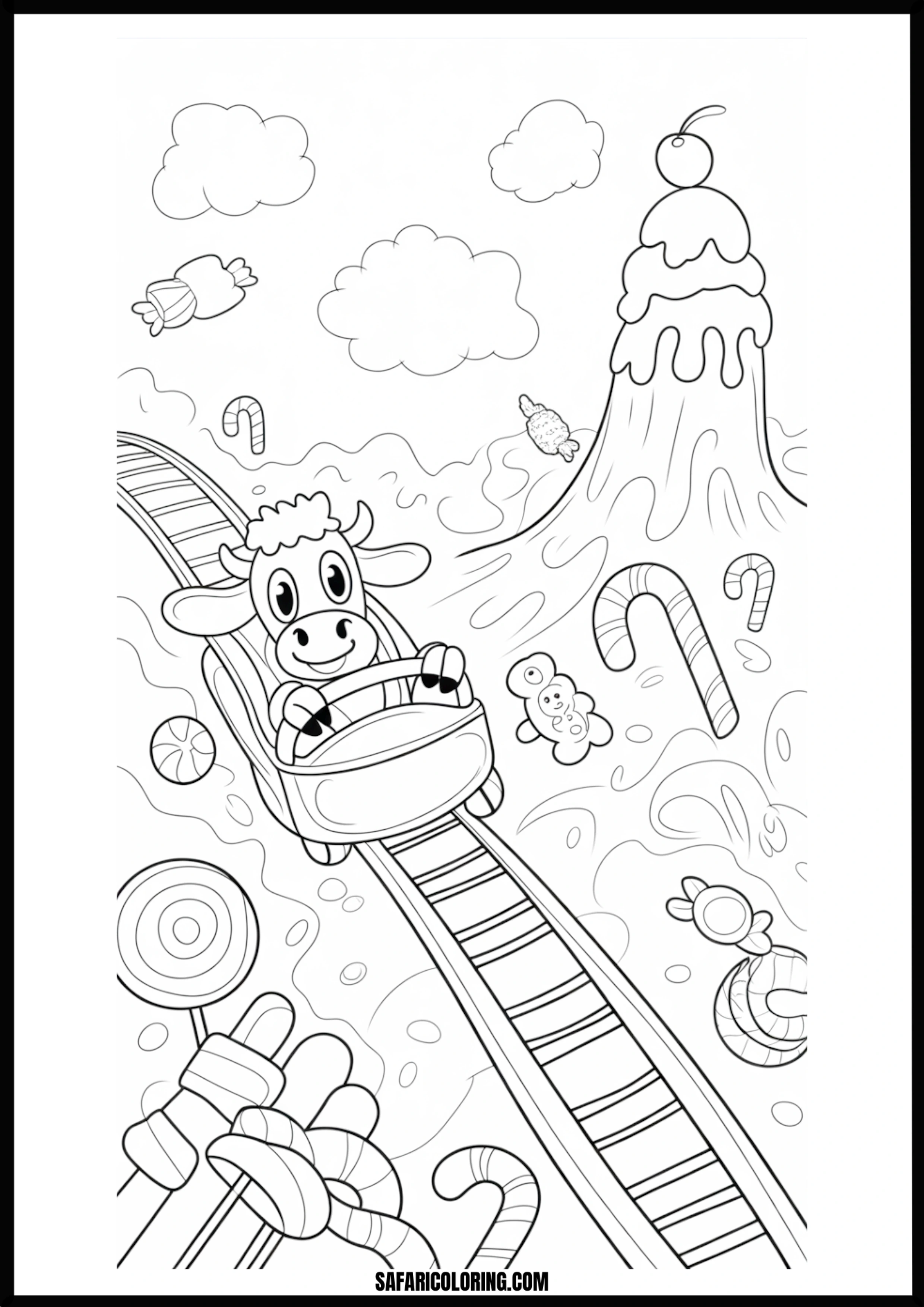 Happy cow on a roller coaster in Candy Land