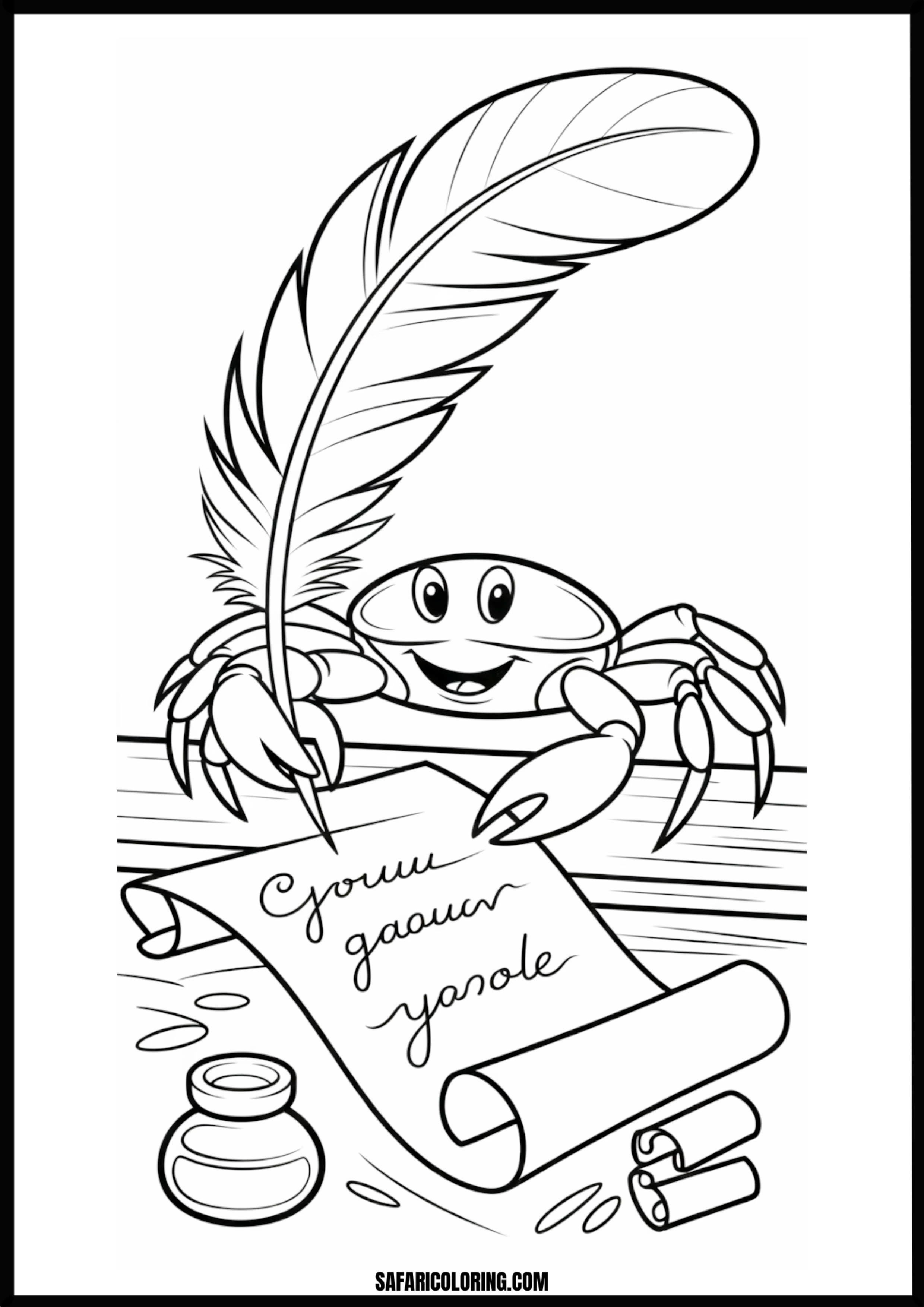 Scholarly Crab Writing A happy crab diligently writing on a scroll with a quill and inkwell.