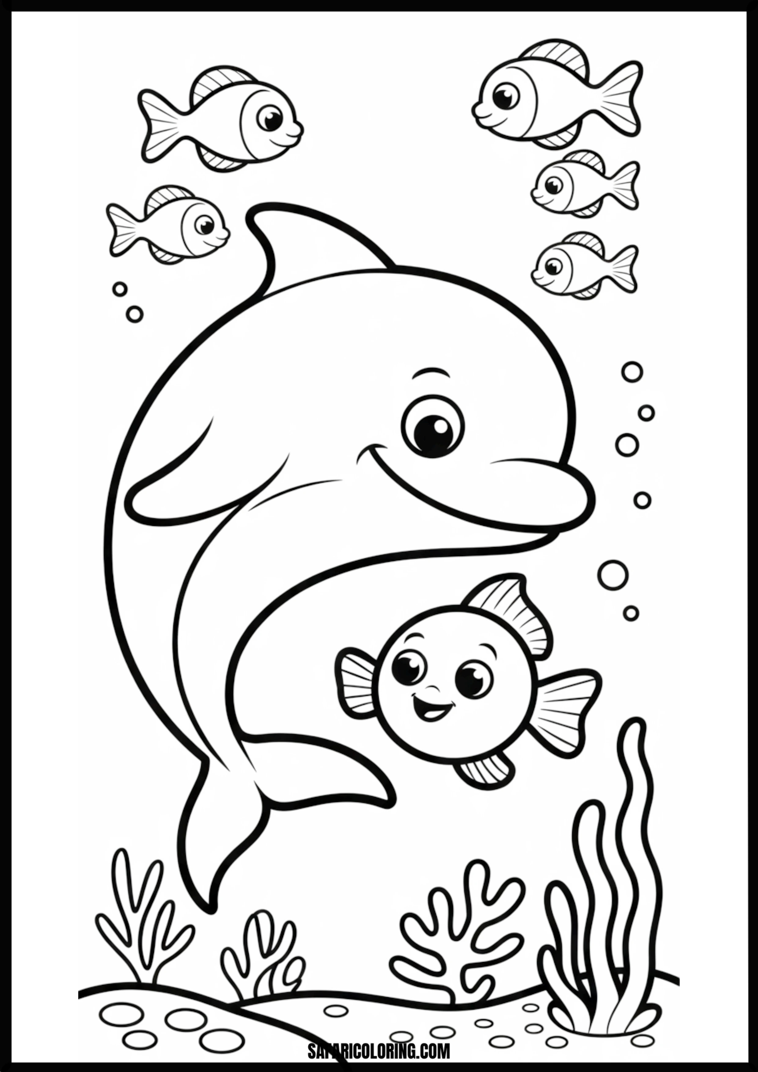 Happy Dolphin and Fish Underwater Coloring Page A happy dolphin swimming with small fish underwater.