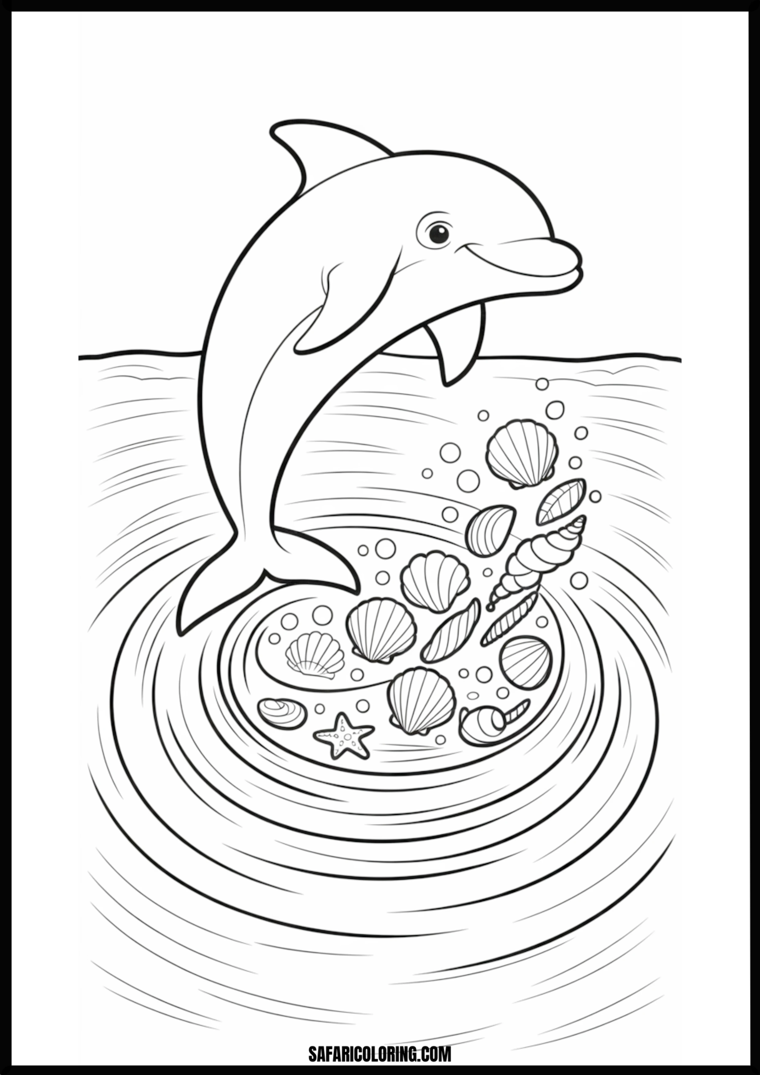 Happy Dolphin with Seashells Coloring Page Happy dolphin surrounded by various seashells