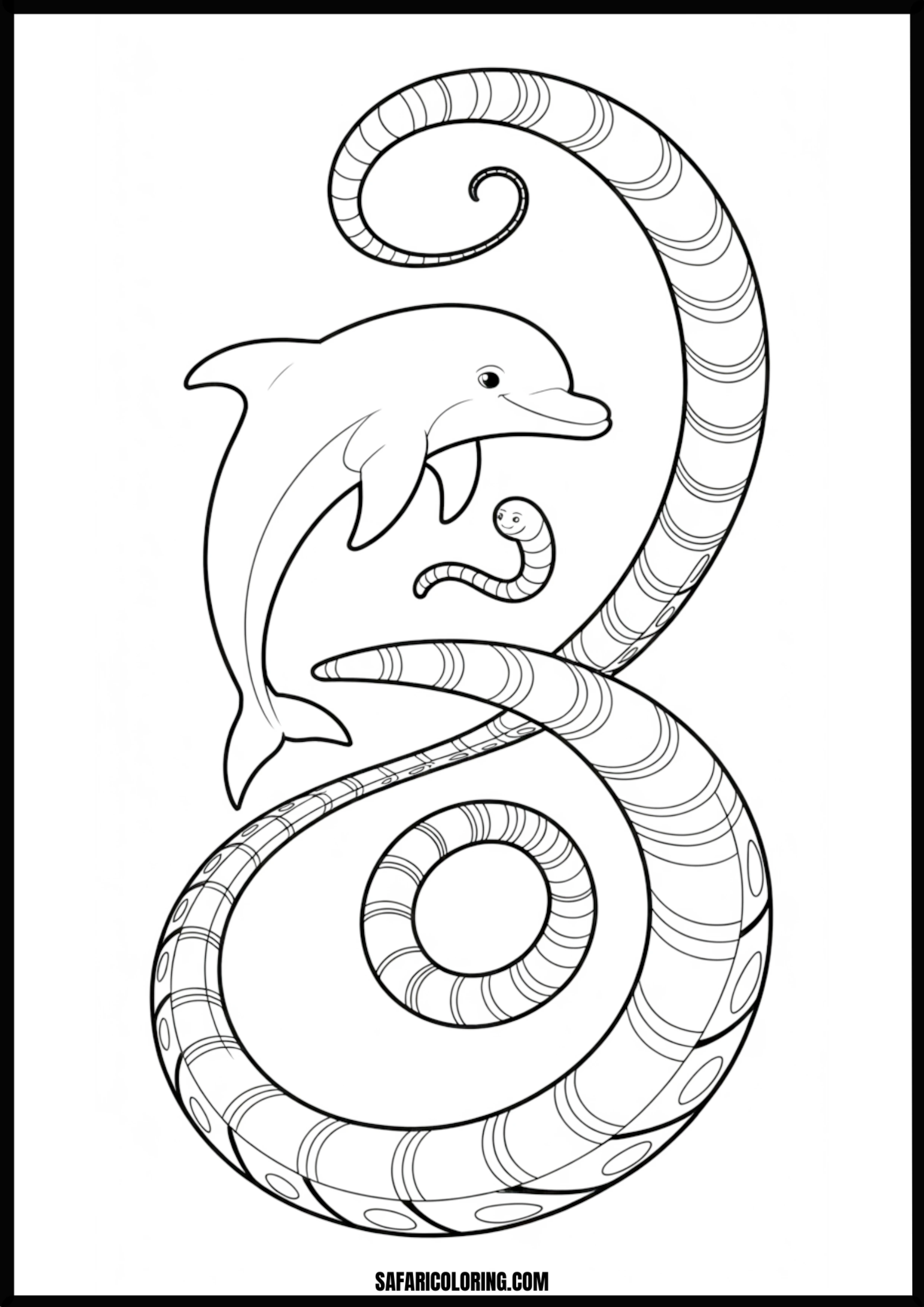 Happy Dolphin S-Spiral Pattern Coloring Happy dolphin in an S-spiral worm-like pattern