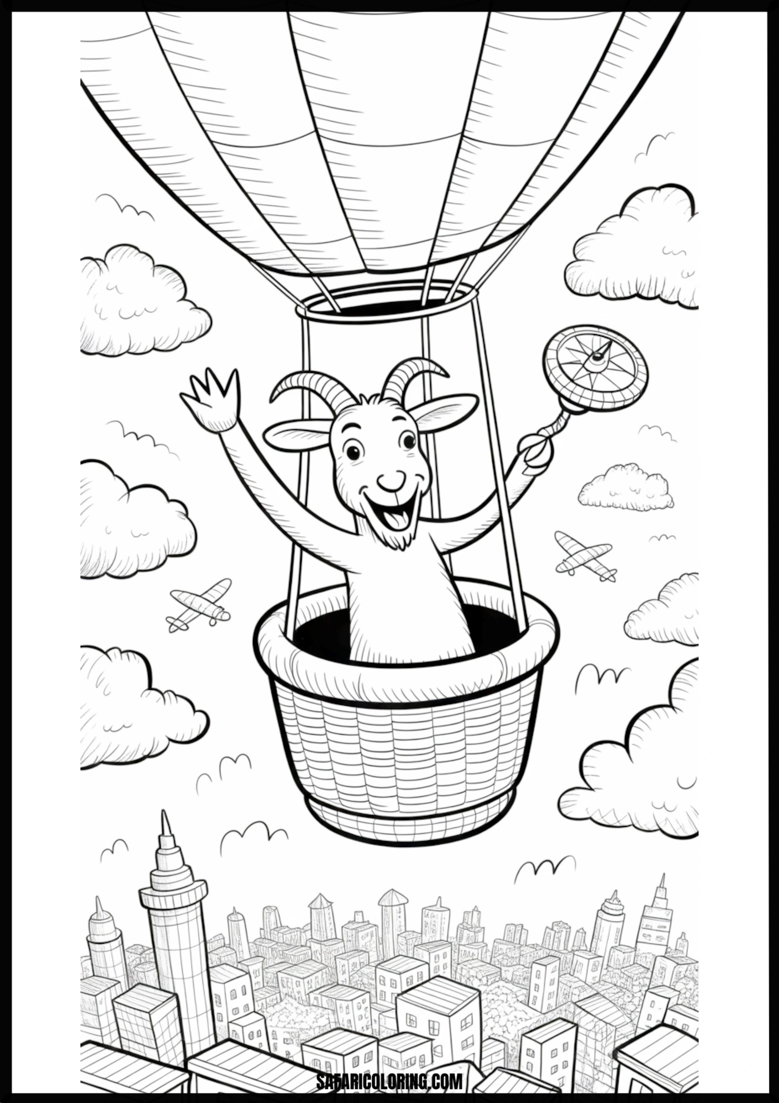 Cartoon happy goat in a hot air balloon over a city.