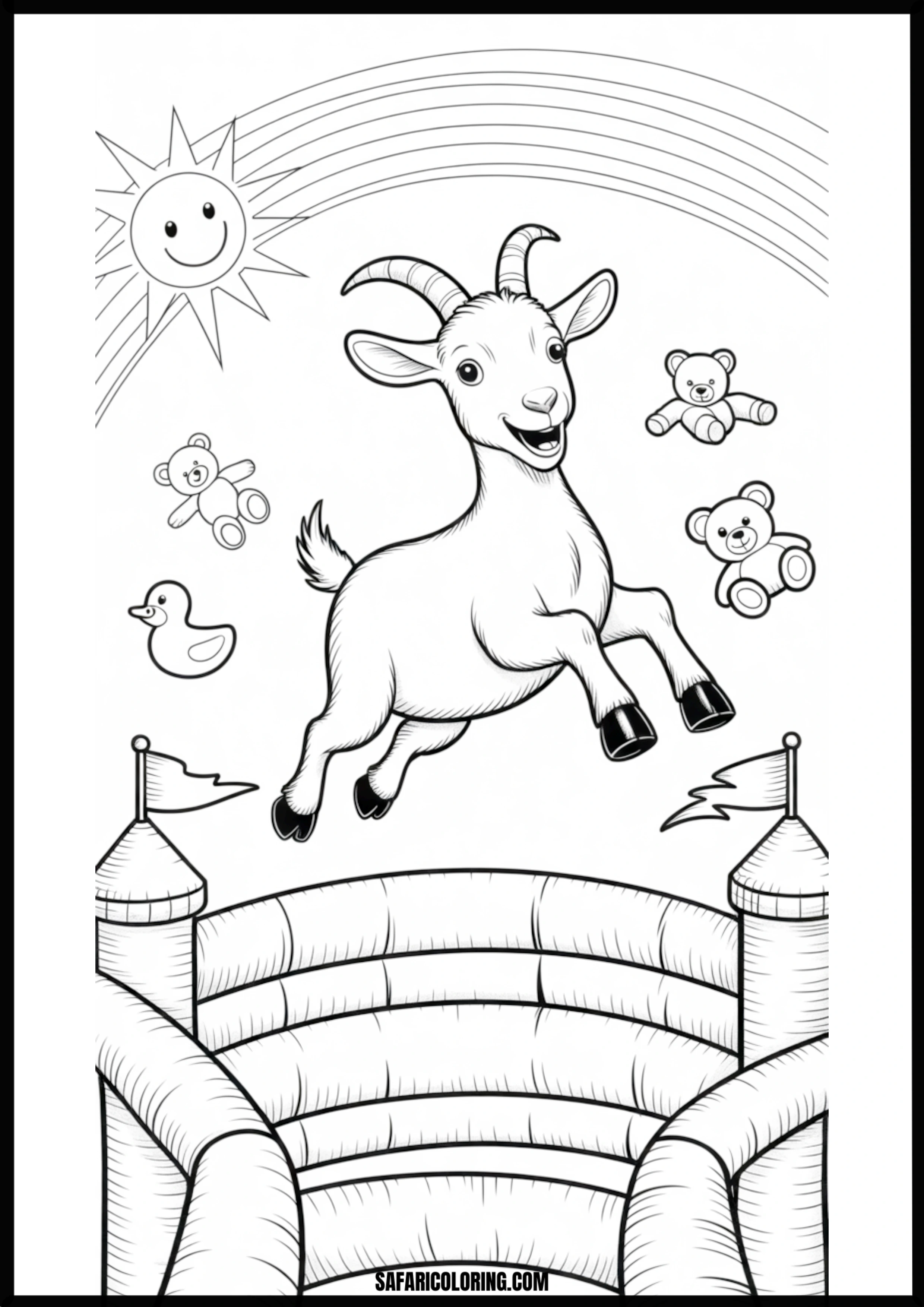Cartoon happy goat jumping on a bouncy castle.