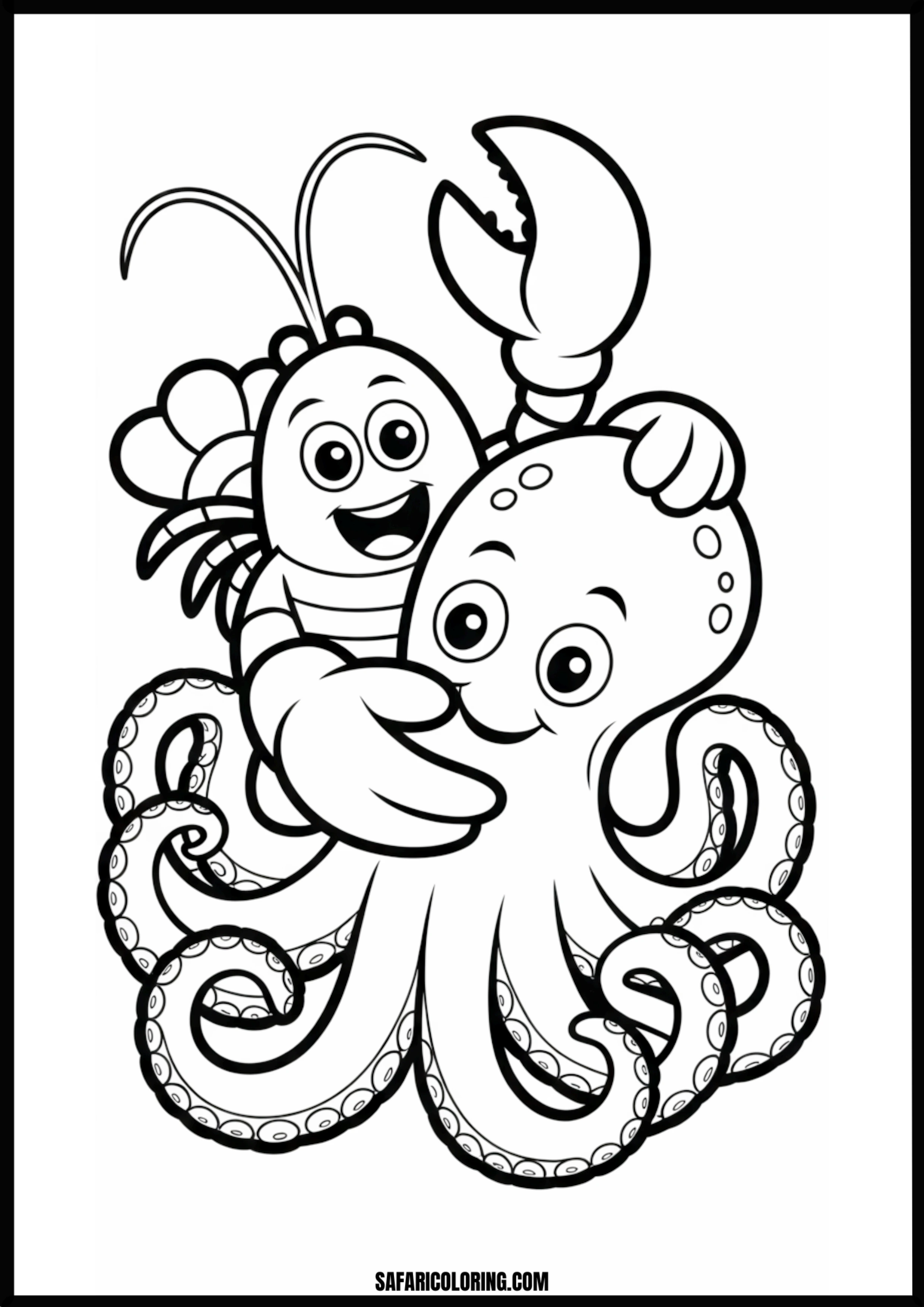 Color the Happy Lobster and Octopus Hug A happy lobster and octopus hugging.