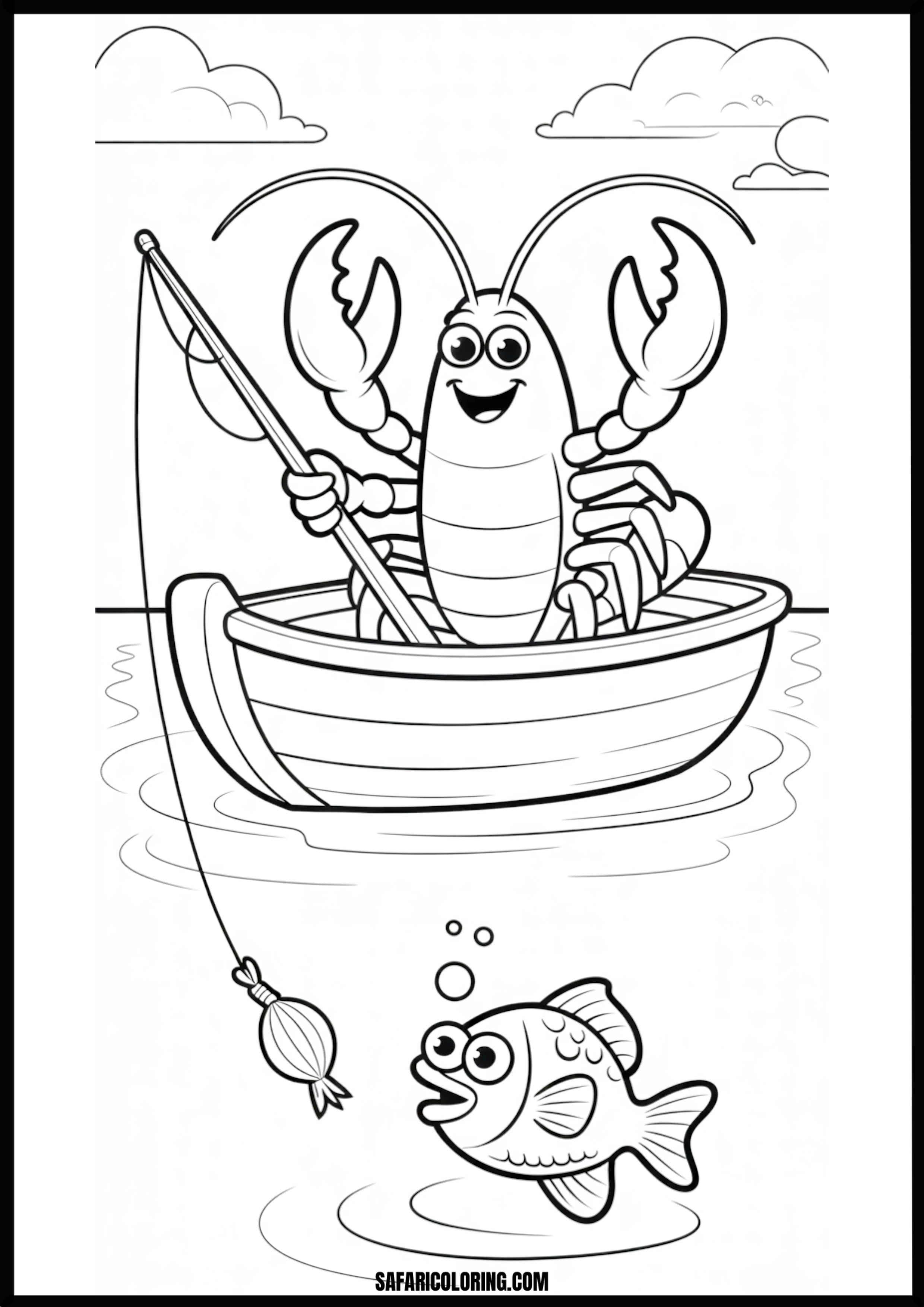 Color the Happy Lobster Fishing A happy lobster fishing for a curious fish.