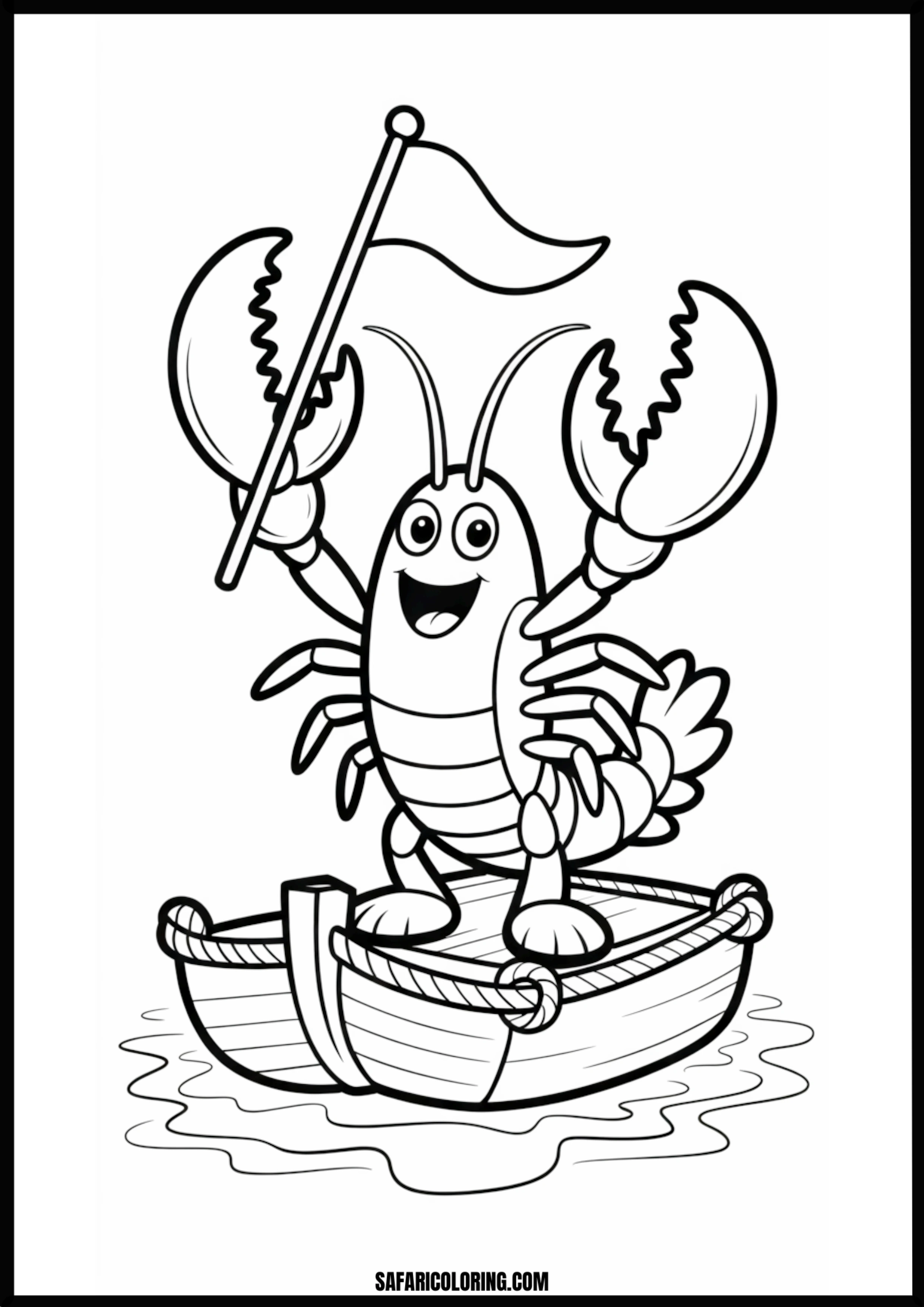 Color the Happy Lobster Sailing Boat A happy lobster sailing a boat with a flag.