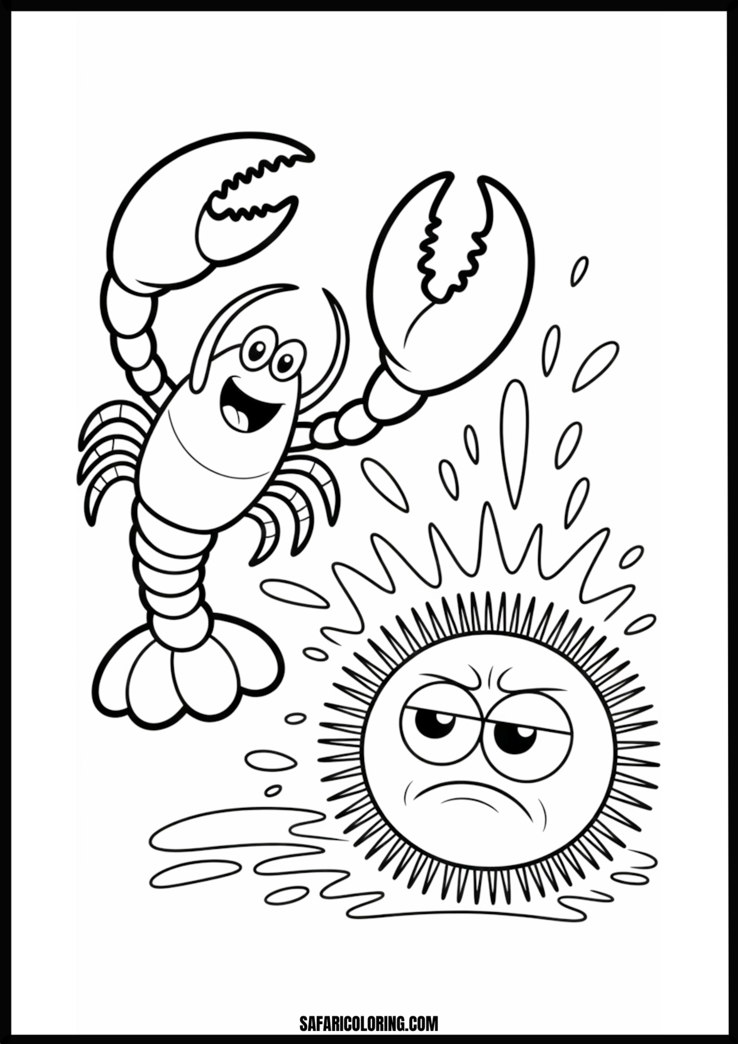 Color the Happy Lobster and Grumpy Sea Urchin A happy lobster splashing a grumpy sea urchin.