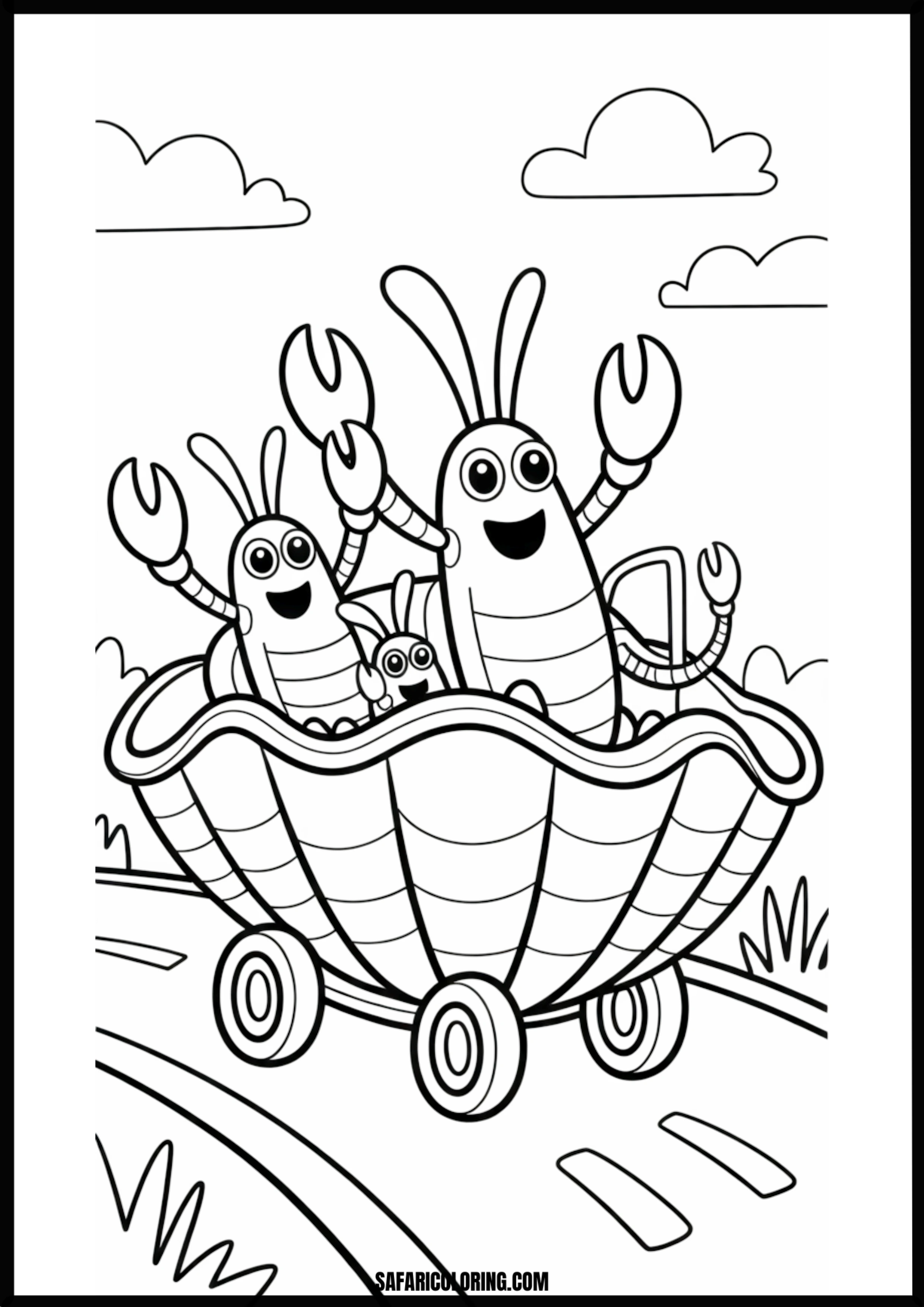 Color the Happy Lobsters in a Shell Car Happy lobsters riding a shell car.