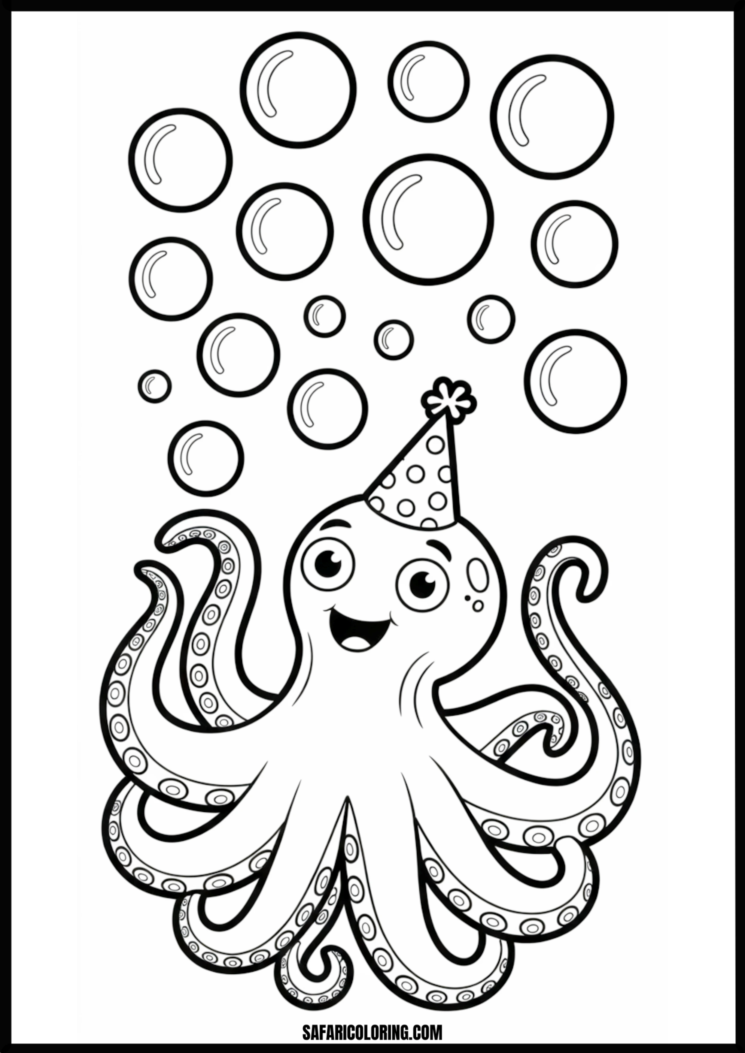 Happy Octopus Celebrating With Bubbles Printable Coloring Sheet An outline drawing of a octopus bubbles for coloring.