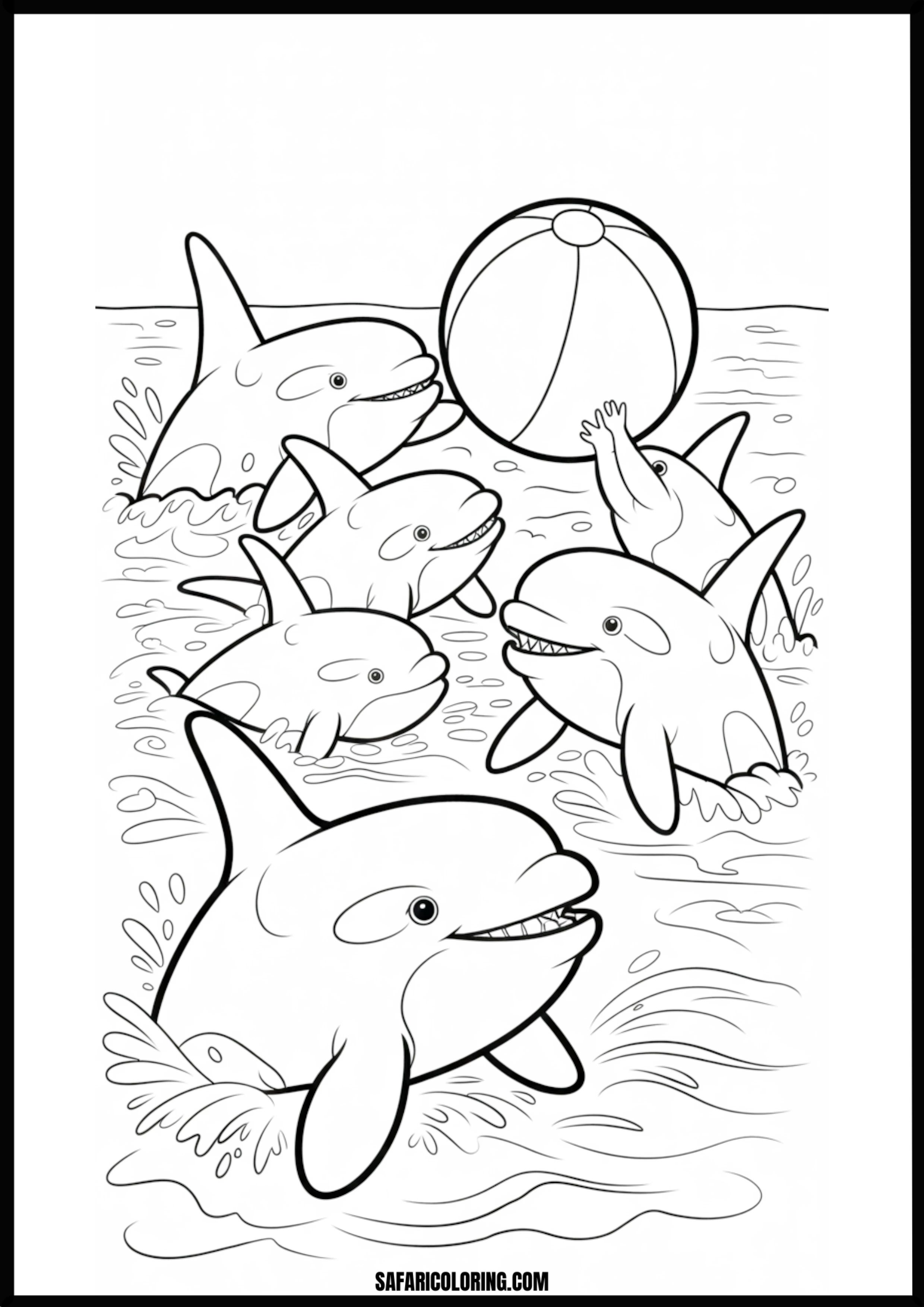 Joyful Orcas Playing with a Beach Ball Coloring Coloring page of happy orcas playing with a beach ball.