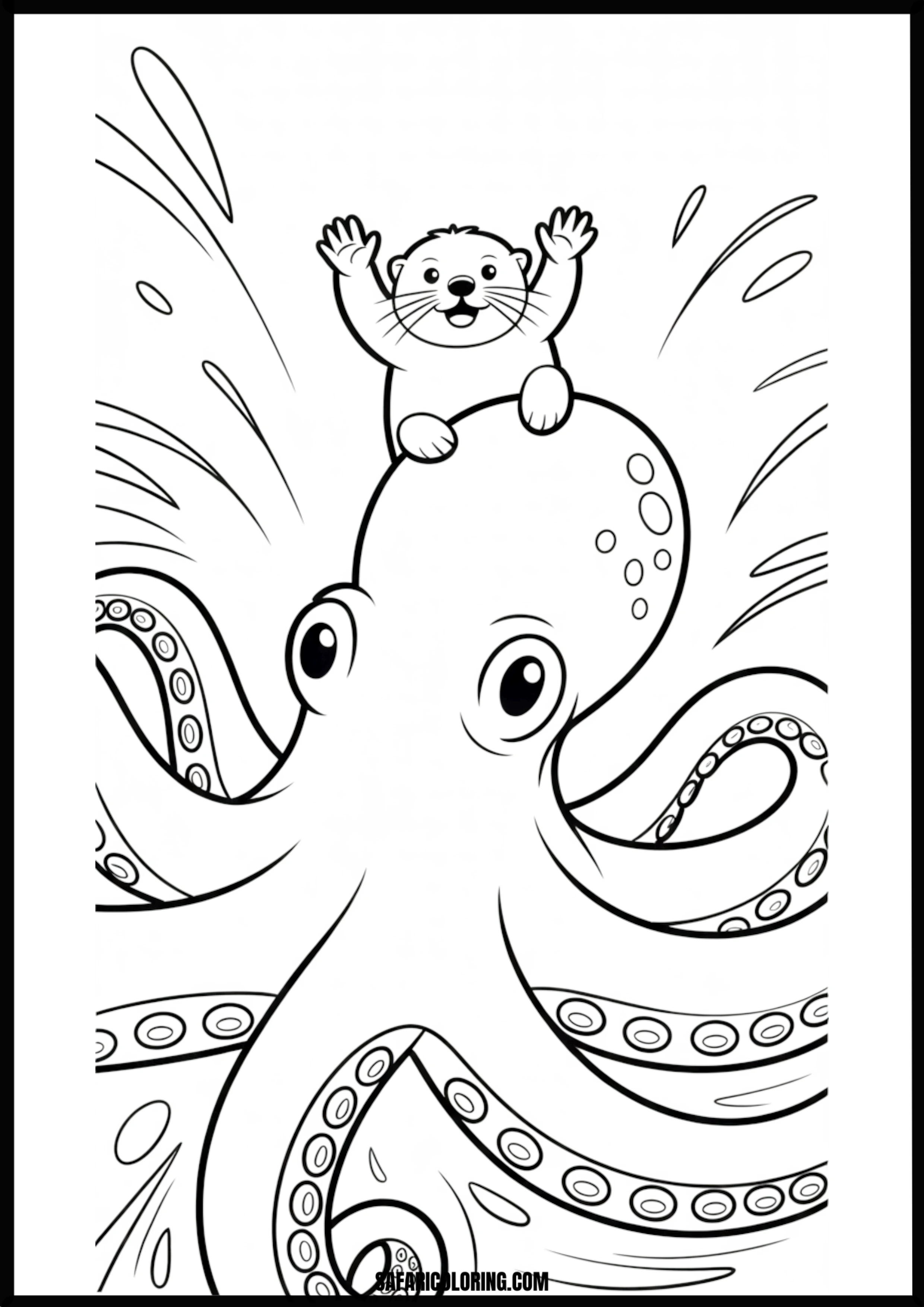 Happy Otter Riding Octopus Printable Coloring Sheet An outline drawing of a octopus otter for coloring.