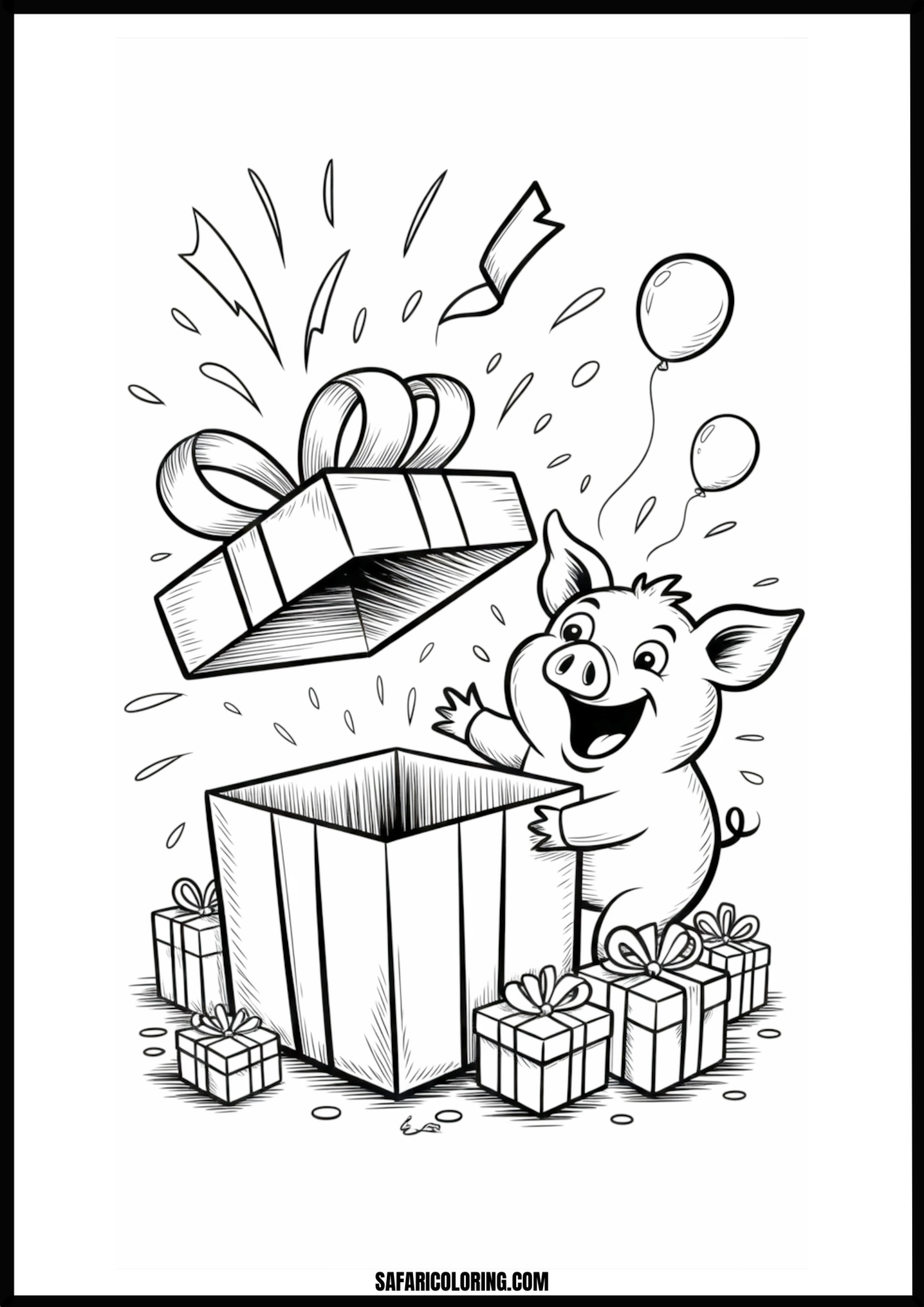 Happy cartoon pig emerging from a surprise gift box with a bow