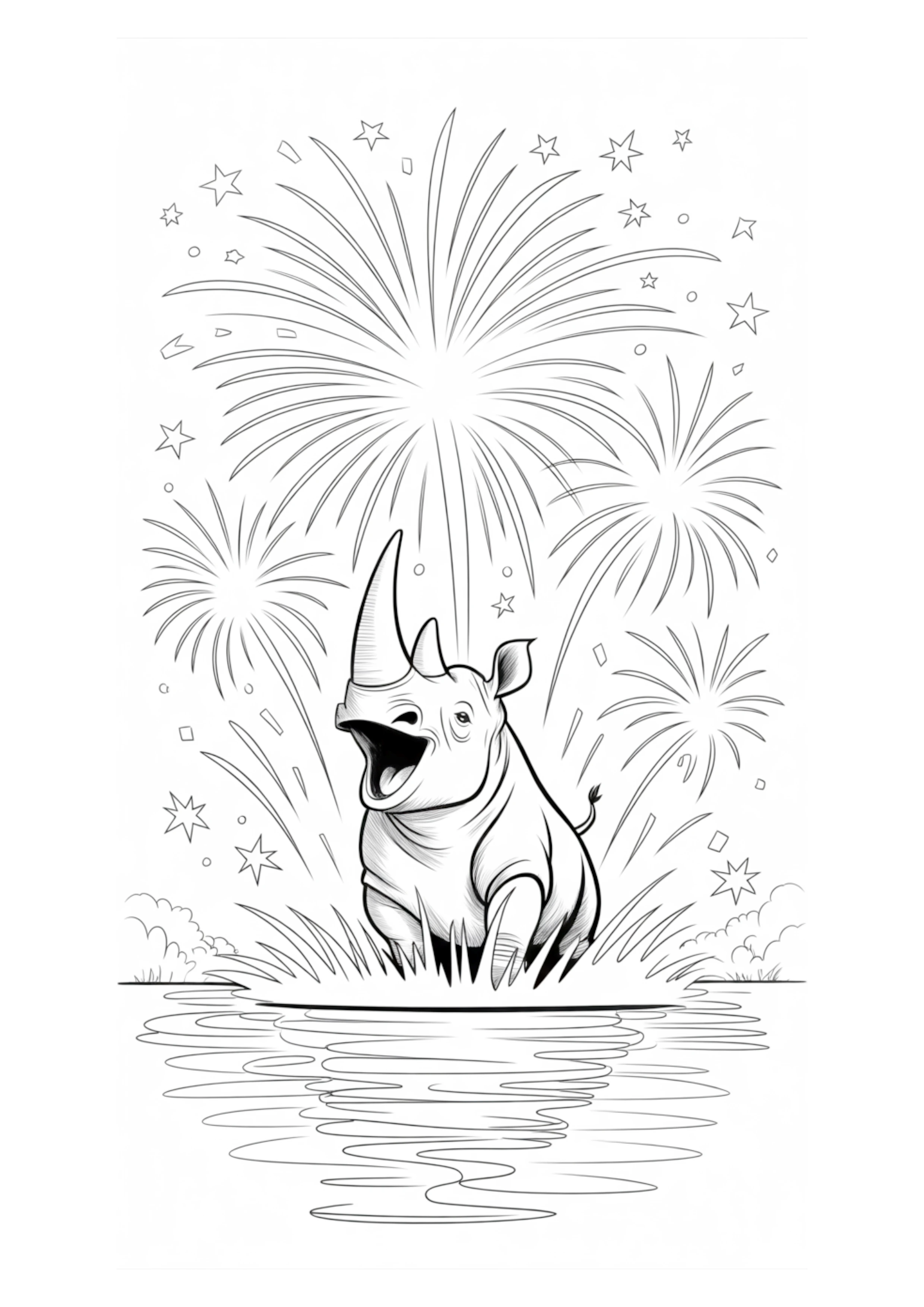 Happy cartoon rhino watching fireworks by the water at night.