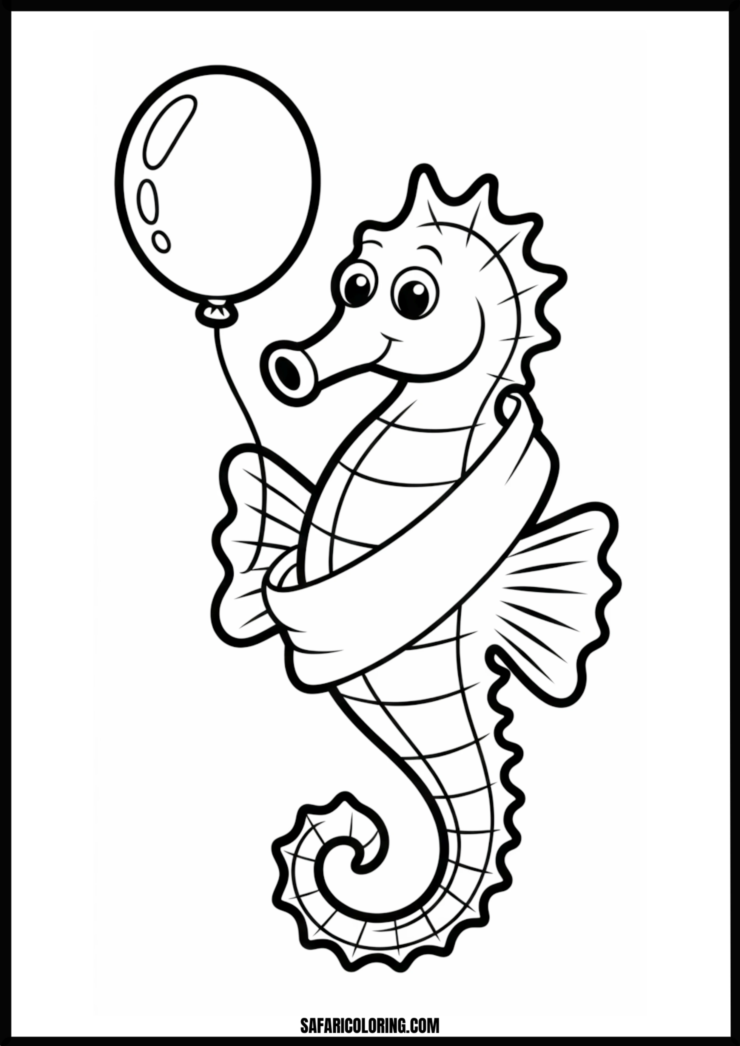 Printable Happy Seahorse Banner Coloring page of a happy seahorse holding a balloon banner.