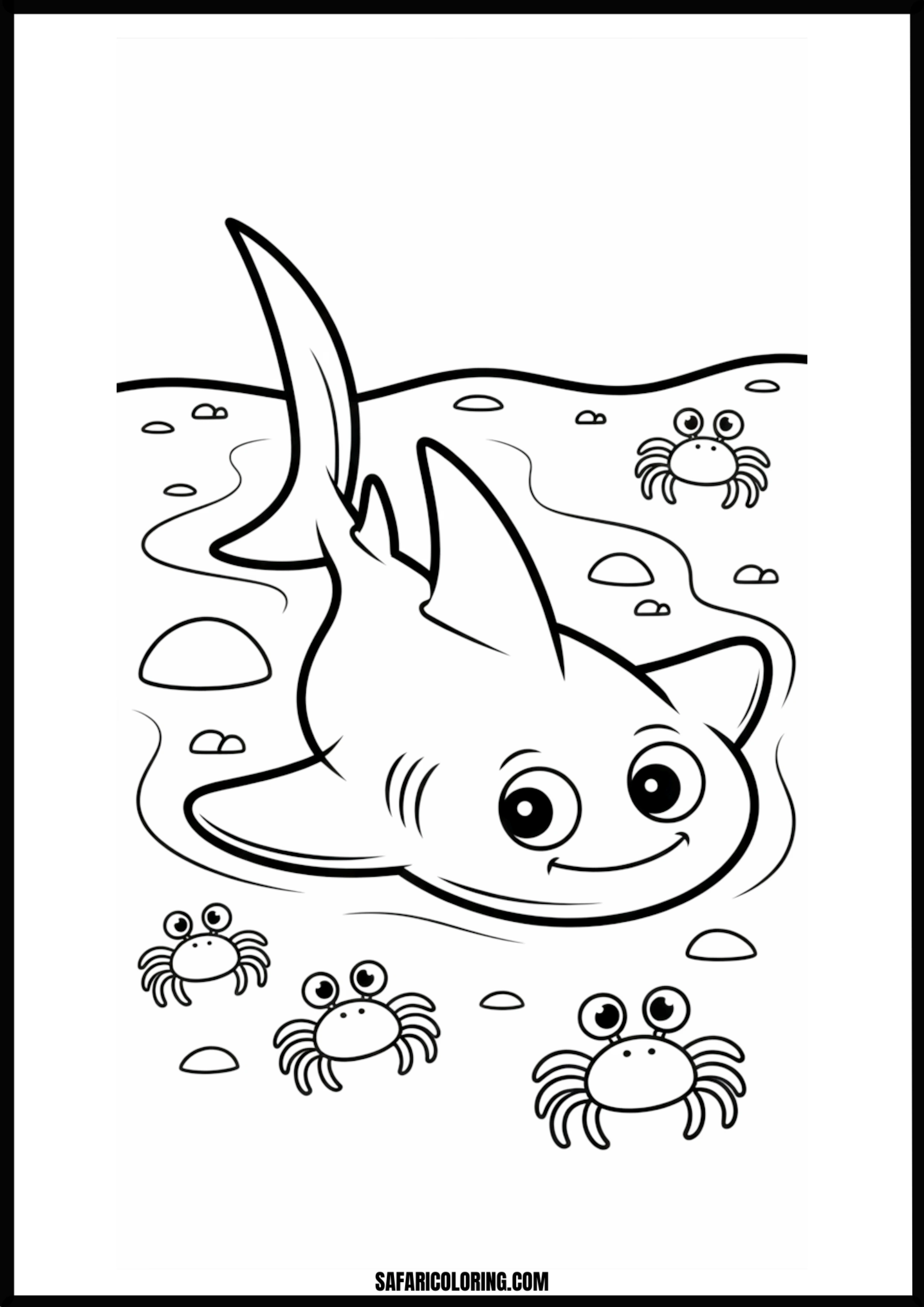 Happy Shark and Crabs Coloring Page Happy shark playing with crabs underwater
