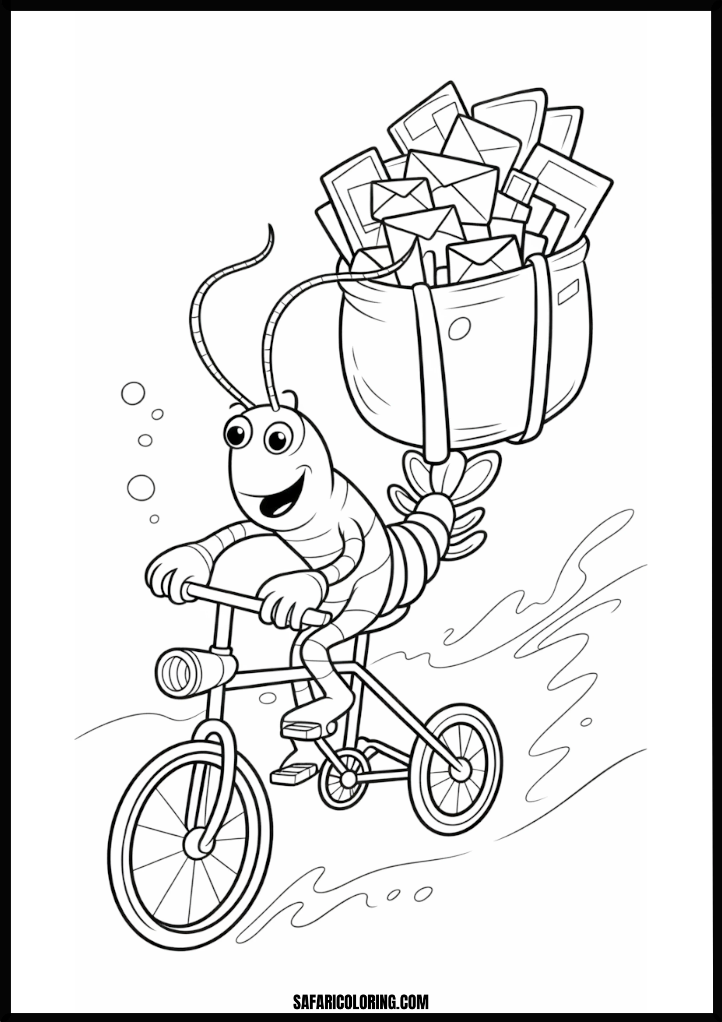 Color the Happy Shrimp Mail Carrier A happy shrimp delivering mail on a bicycle.