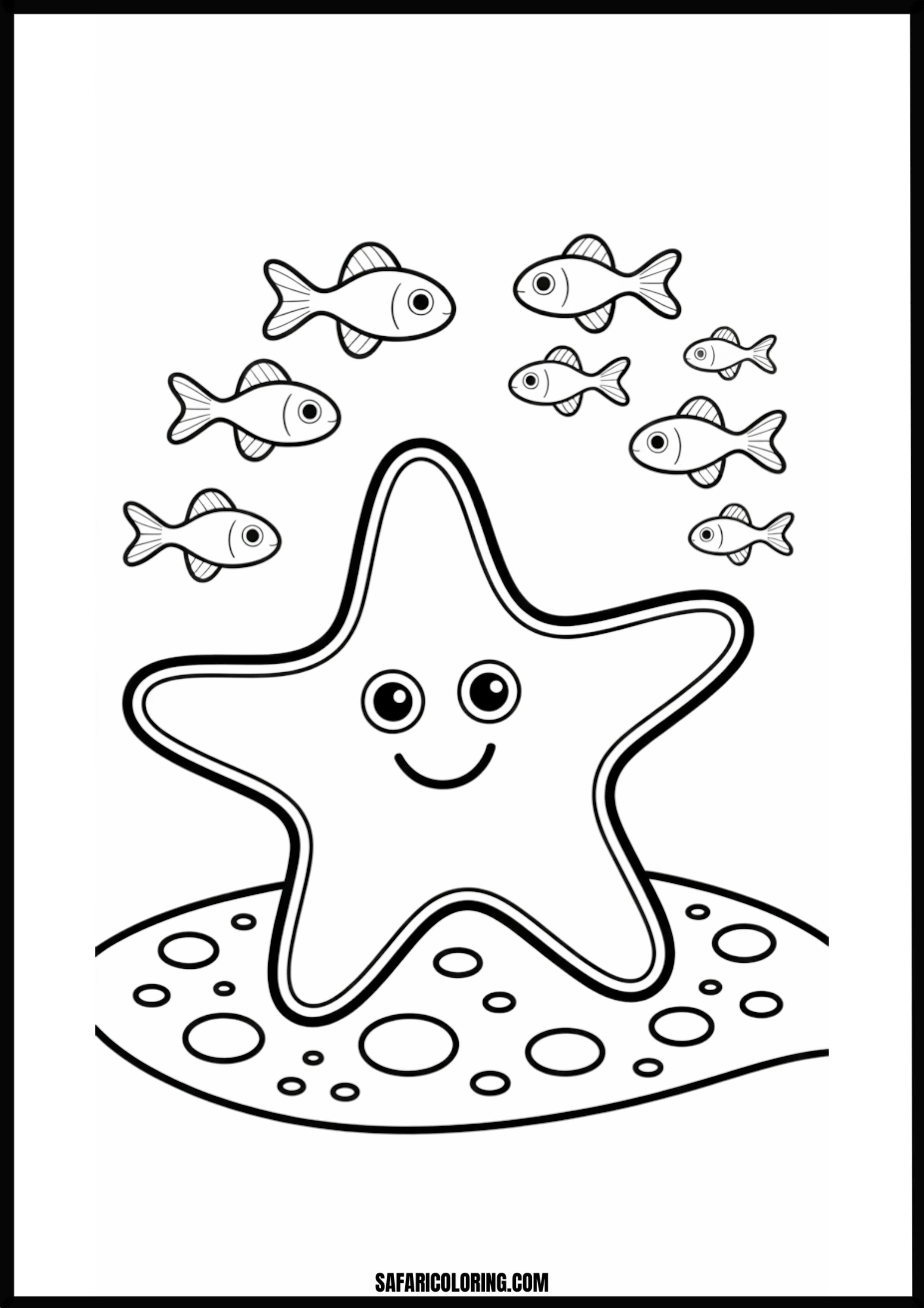Happy Starfish and Fish Coloring Page A happy starfish on the seabed with small fish swimming by.