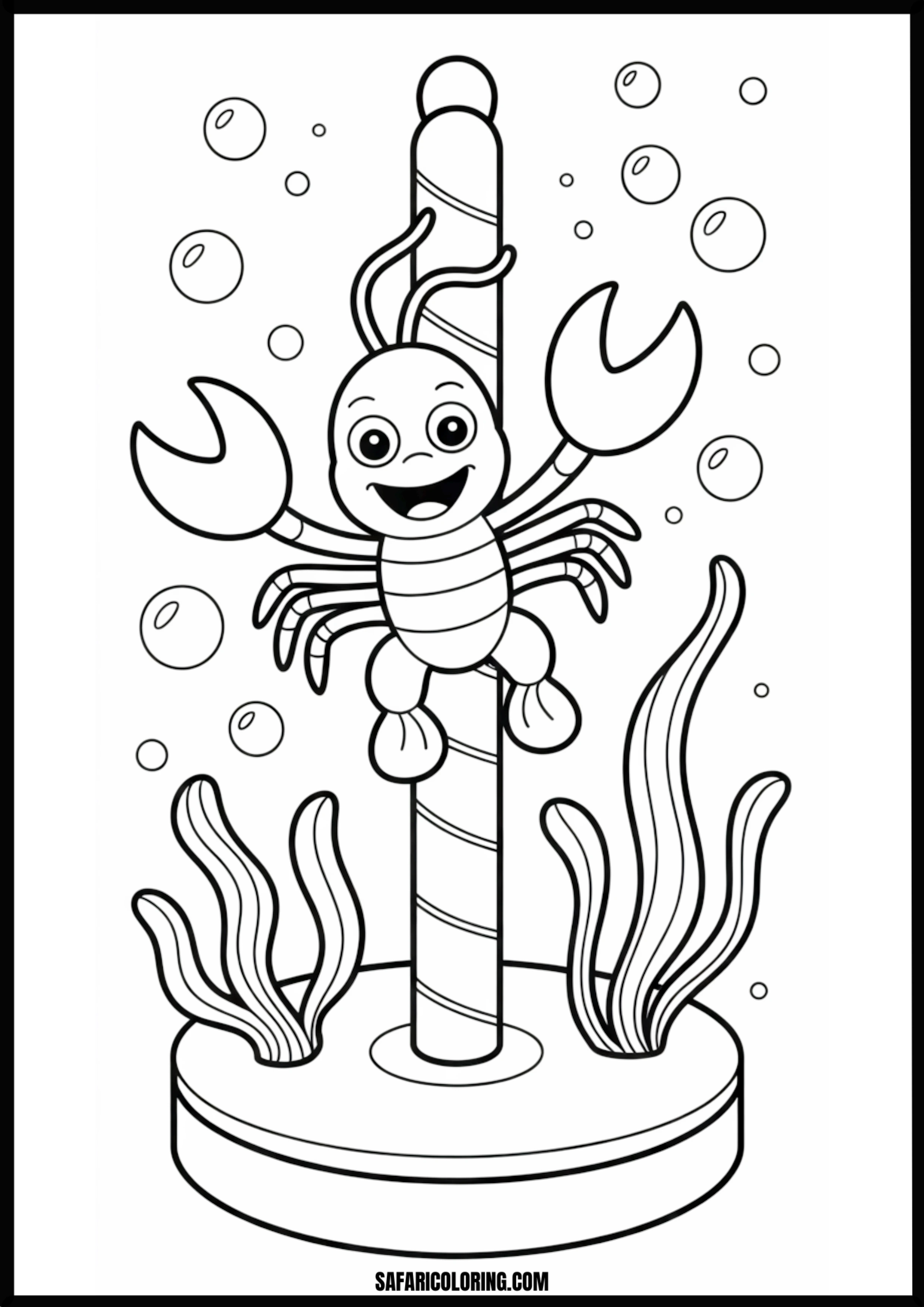 Color the Happy Underwater Lobster on Pole A happy underwater lobster on a pole with bubbles.