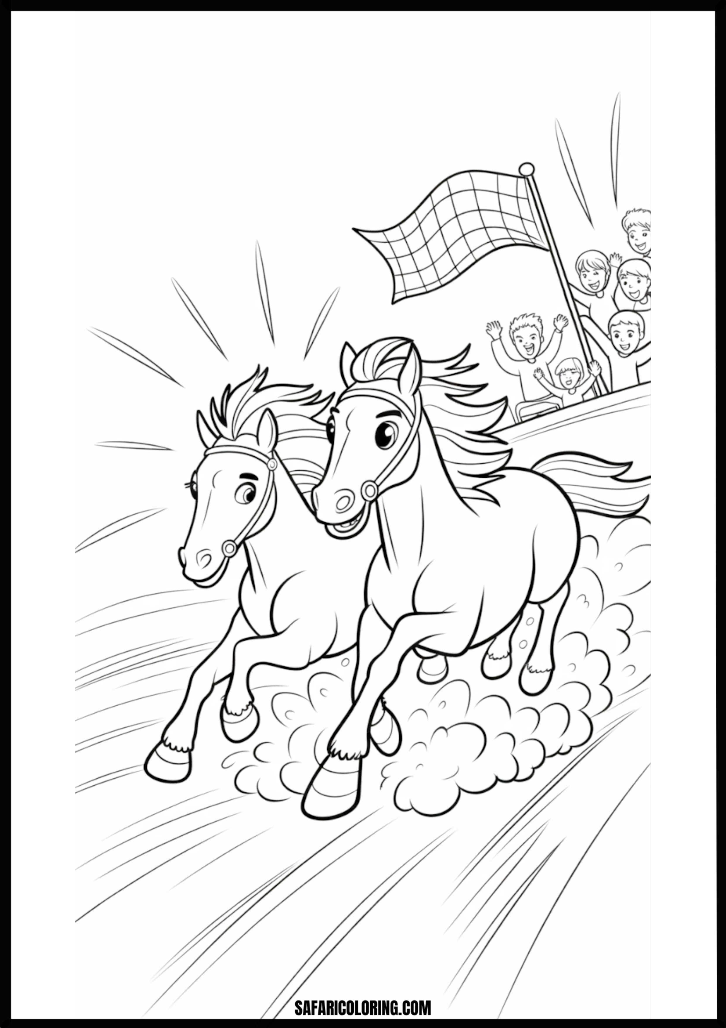 Horses galloping past crowd coloring page