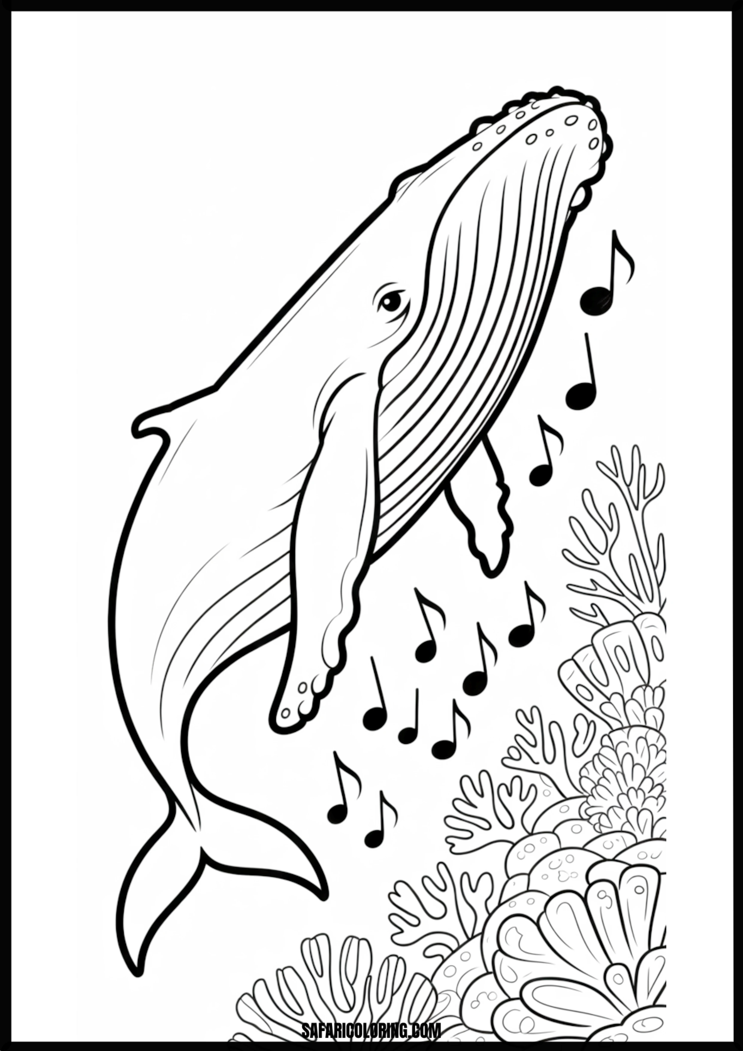 Humpback Whale Singing Melody Undersea Coloring Page Coloring page of a humpback whale singing a melody undersea.