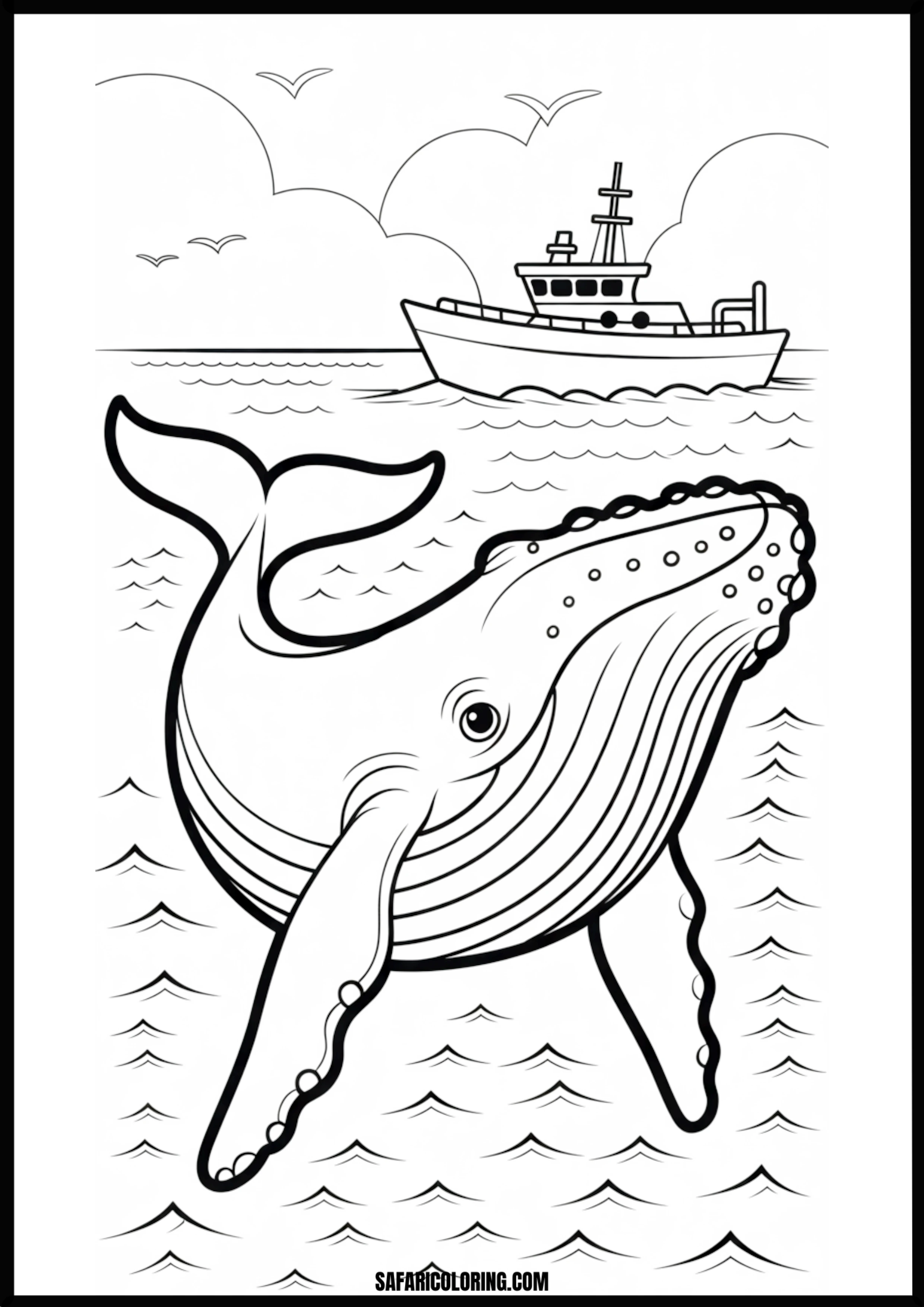 Humpback Whale and Fishing Boat Ocean Scene Coloring Coloring page of a humpback whale near a fishing boat at sea.