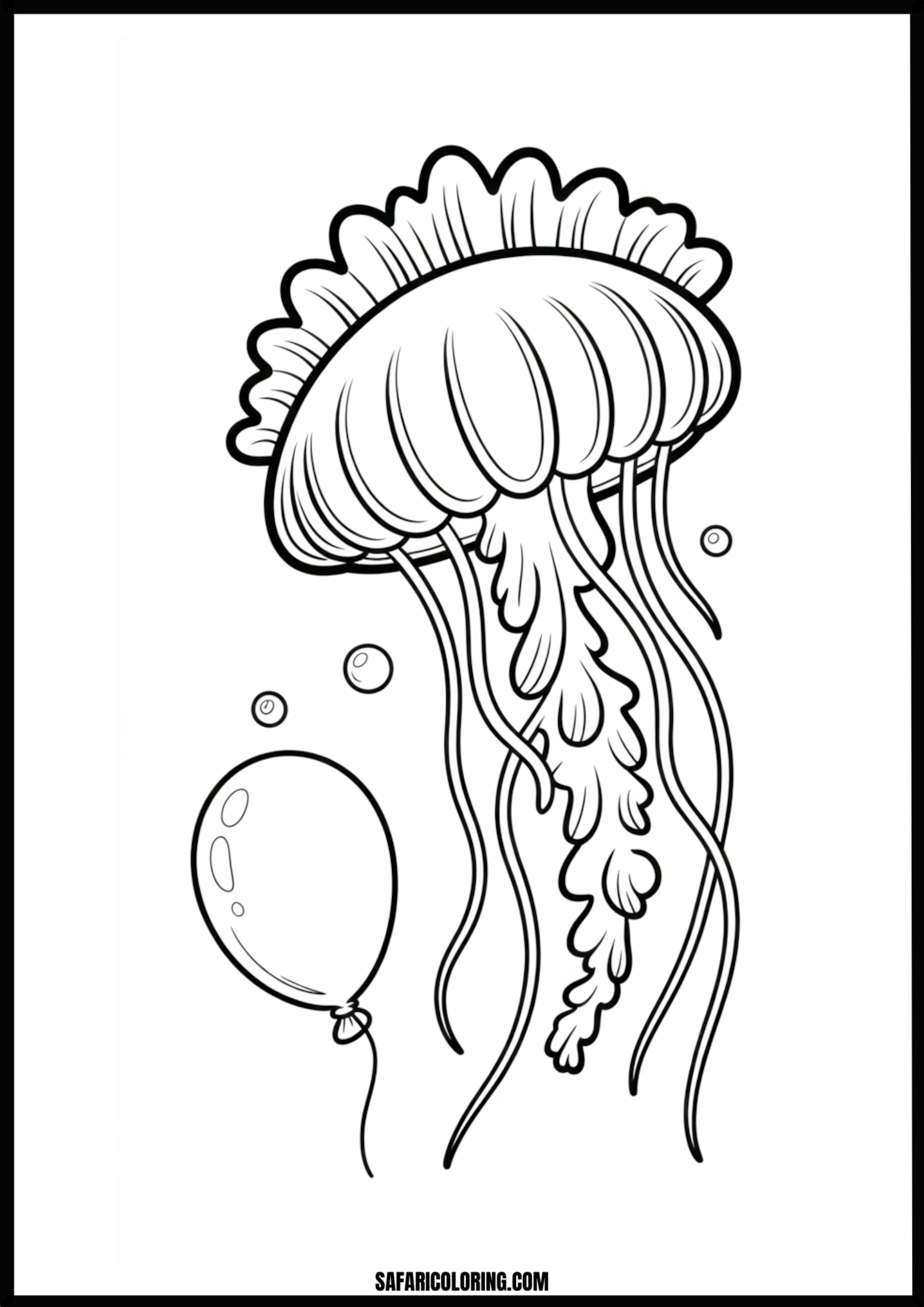 Jellyfish Balloon and Bubbles Coloring Page Whimsical jellyfish shaped like a balloon, floating with bubbles.