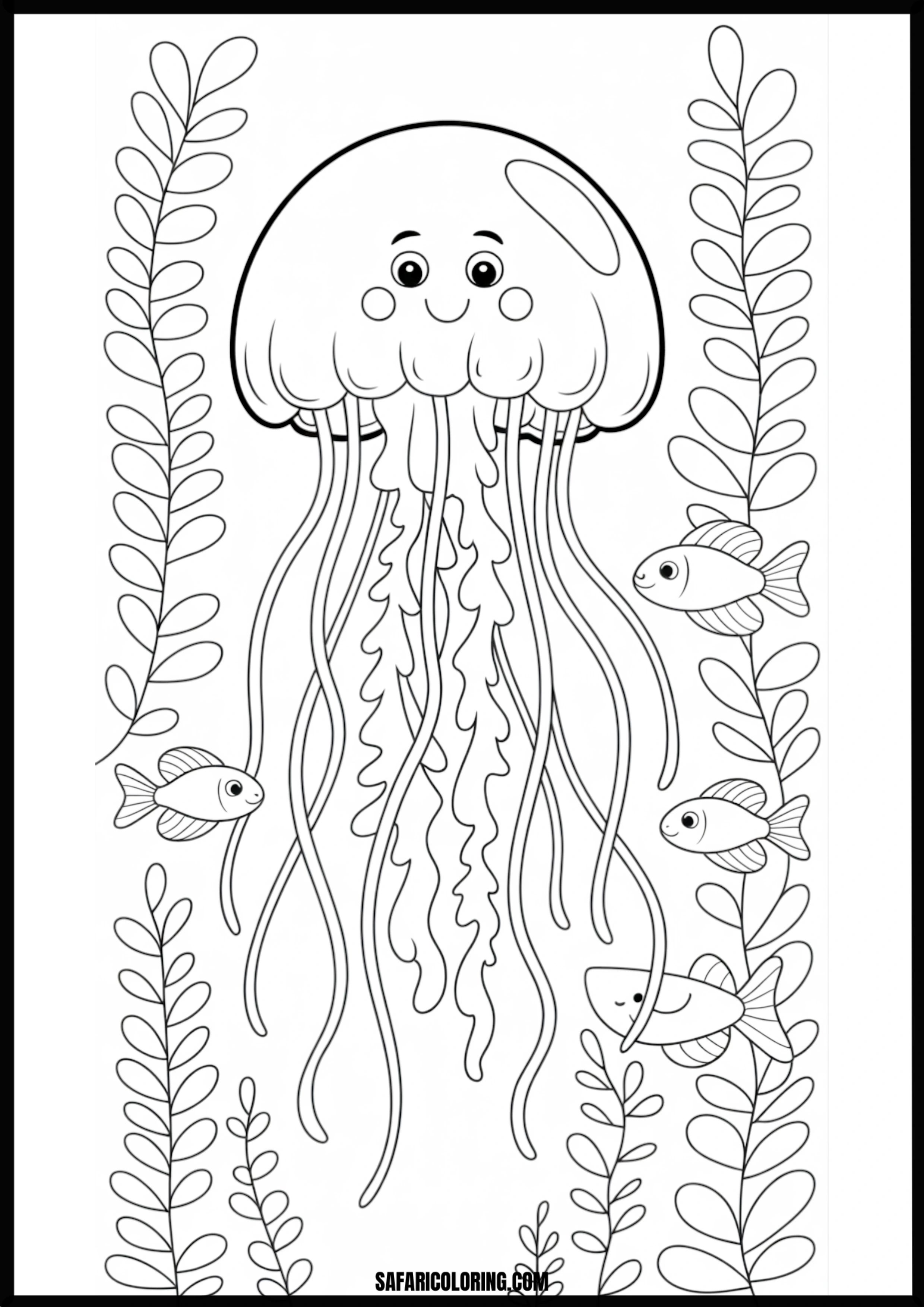 Jellyfish Fish Seaweed Coloring Page Jellyfish, fish, and seaweed in an active underwater scene.