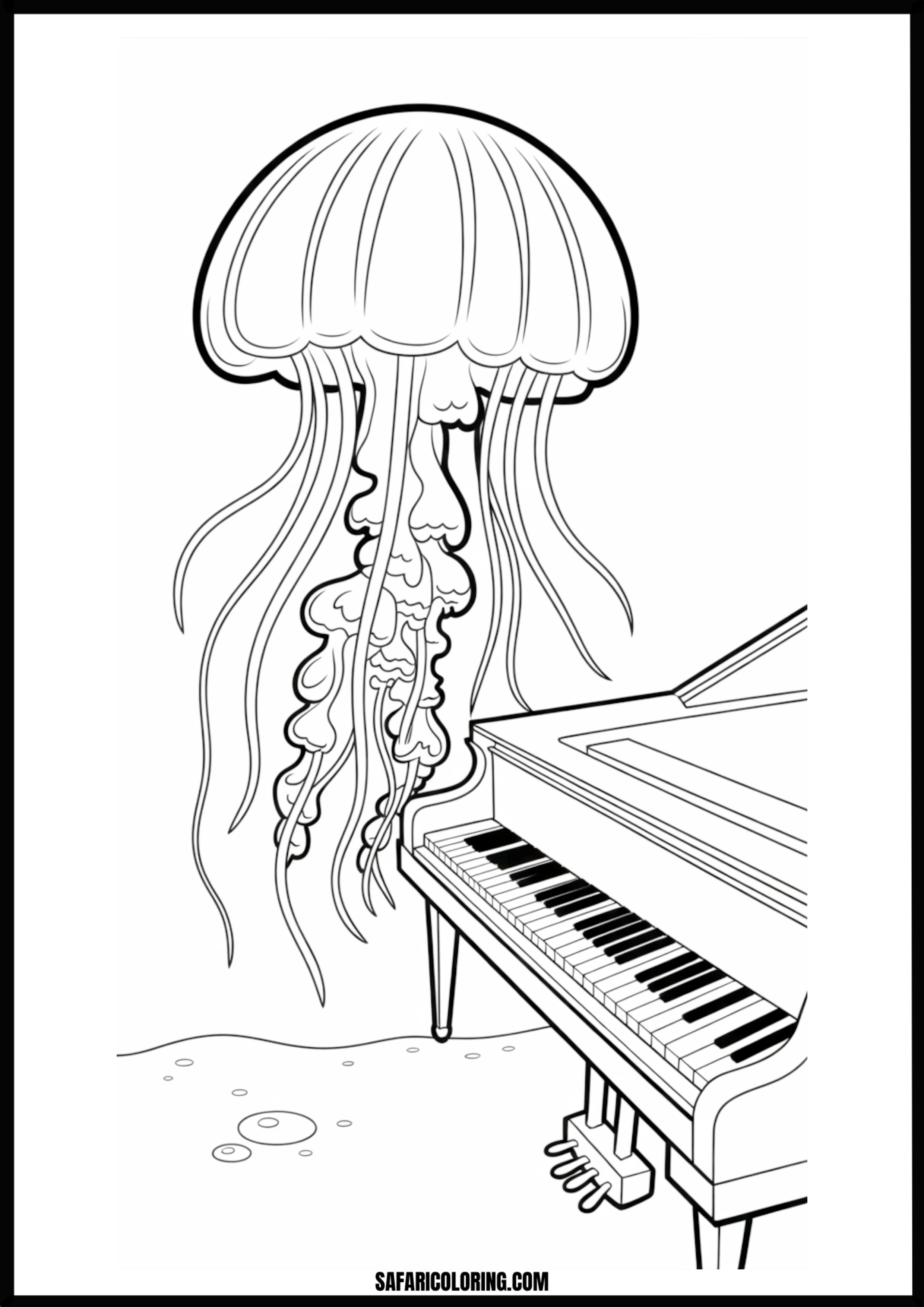 Jellyfish Grand Piano Coloring Page Fantasy scene of a jellyfish playing a grand piano underwater.