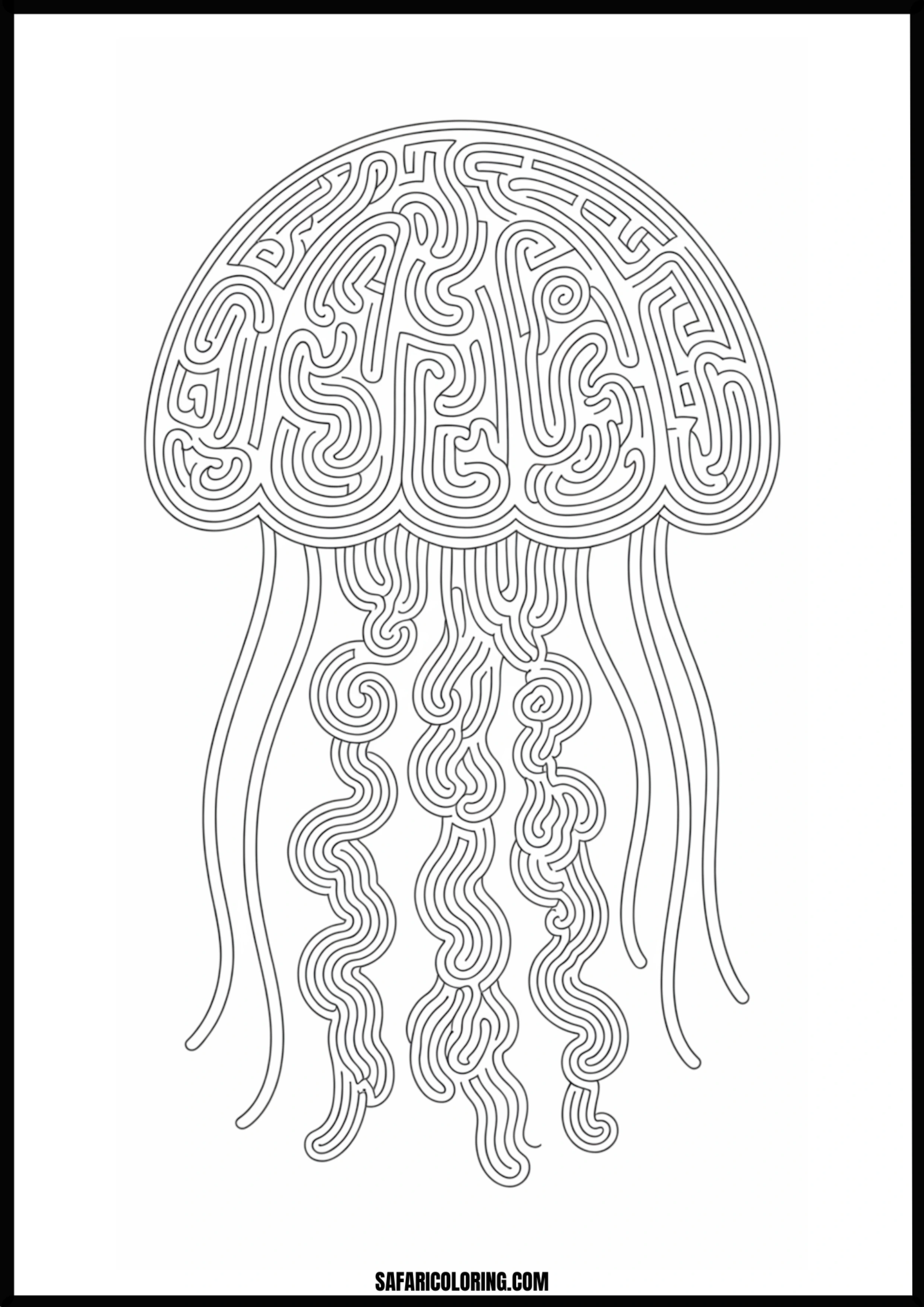 Jellyfish Maze Coloring Page A fun maze featuring a jellyfish theme.